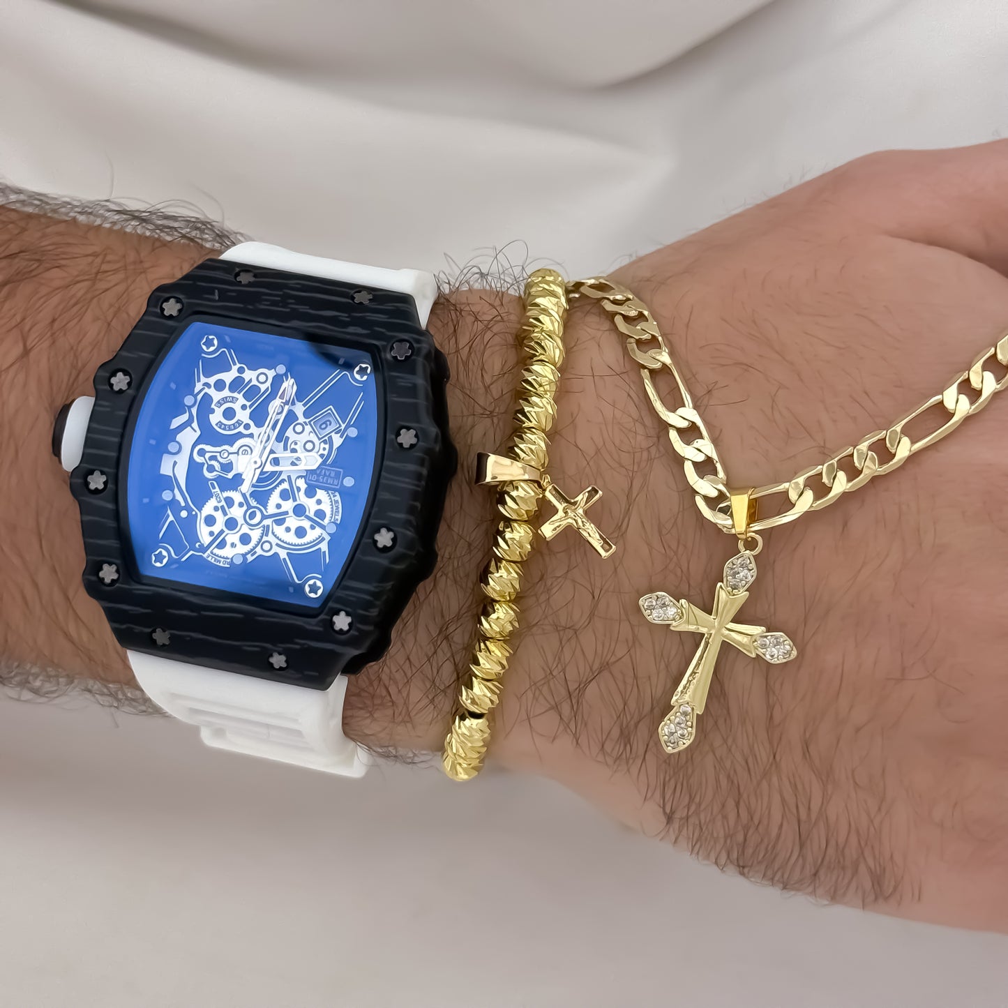 Cadena Tejido Catier de 60cm de 60cm de 3mm de Grosor + Cruz Clavo con micro circones + Pulsera Diamantada con cruz en Oro Laminaod 18k con Garantia de por vida + Reloj de Hombre Richard 1.1 con Garantia