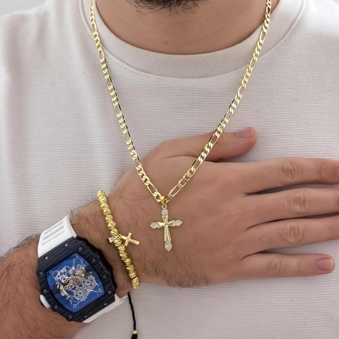 Cadena Tejido Catier de 60cm de 60cm de 3mm de Grosor + Cruz Clavo con micro circones + Pulsera Diamantada con cruz en Oro Laminaod 18k con Garantia de por vida + Reloj de Hombre Richard 1.1 con Garantia