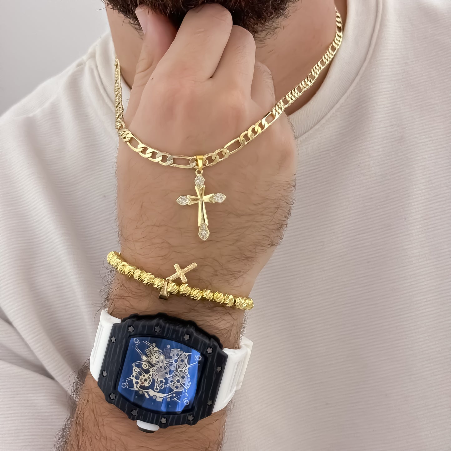 Cadena Tejido Catier de 60cm de 60cm de 3mm de Grosor + Cruz Clavo con micro circones + Pulsera Diamantada con cruz en Oro Laminaod 18k con Garantia de por vida + Reloj de Hombre Richard 1.1 con Garantia