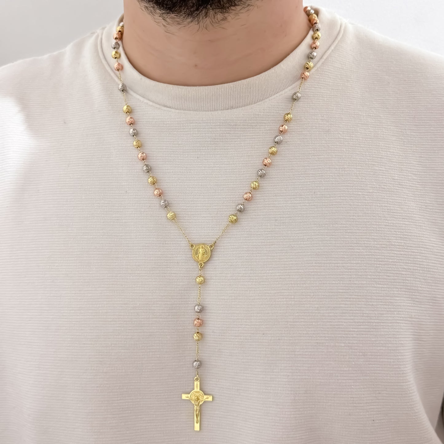 Camándula de San Benito Protección de 60cm de 5mm Balin italiano de 3 Oros en Oro Laminado18k con Garantia de por vida