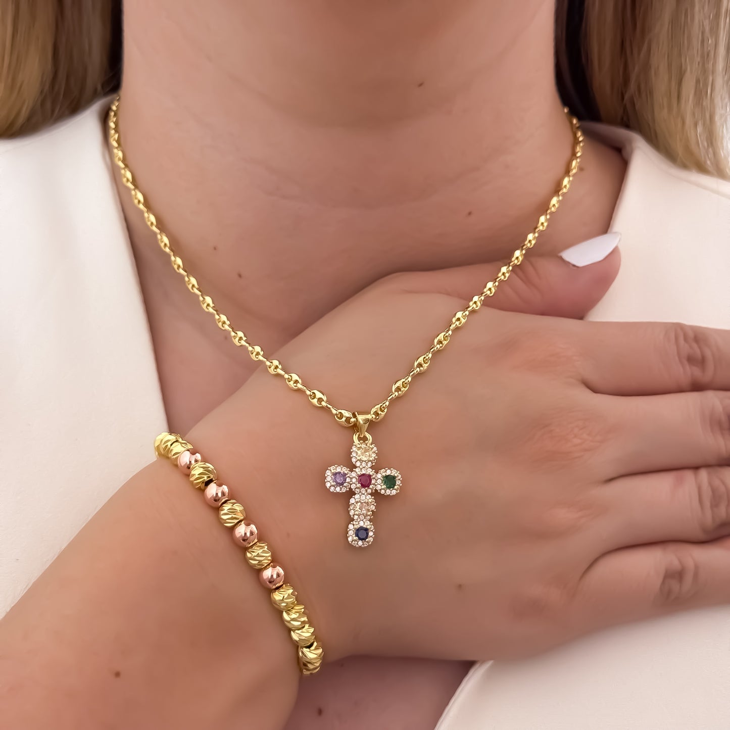 Cadena Tejido Gucci de Dama de 45cm de 3mm + Cruz Micro Circones de Colores + Pulseras Balin Italiano 6mm Y Oro Rosa en Oro Laminado 18k con Garantia de por vida