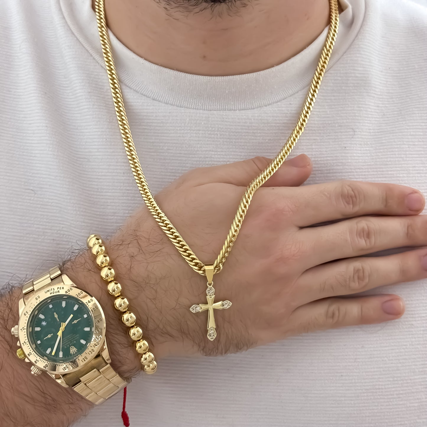 Cadena Cubana Cruzada de 60cm de 3mm de Grosor + Cruz trébol con micro circones + Pulsera Balin de 8mm en Oro Laminado 18k con Reloj Rolex de Alta Calidad