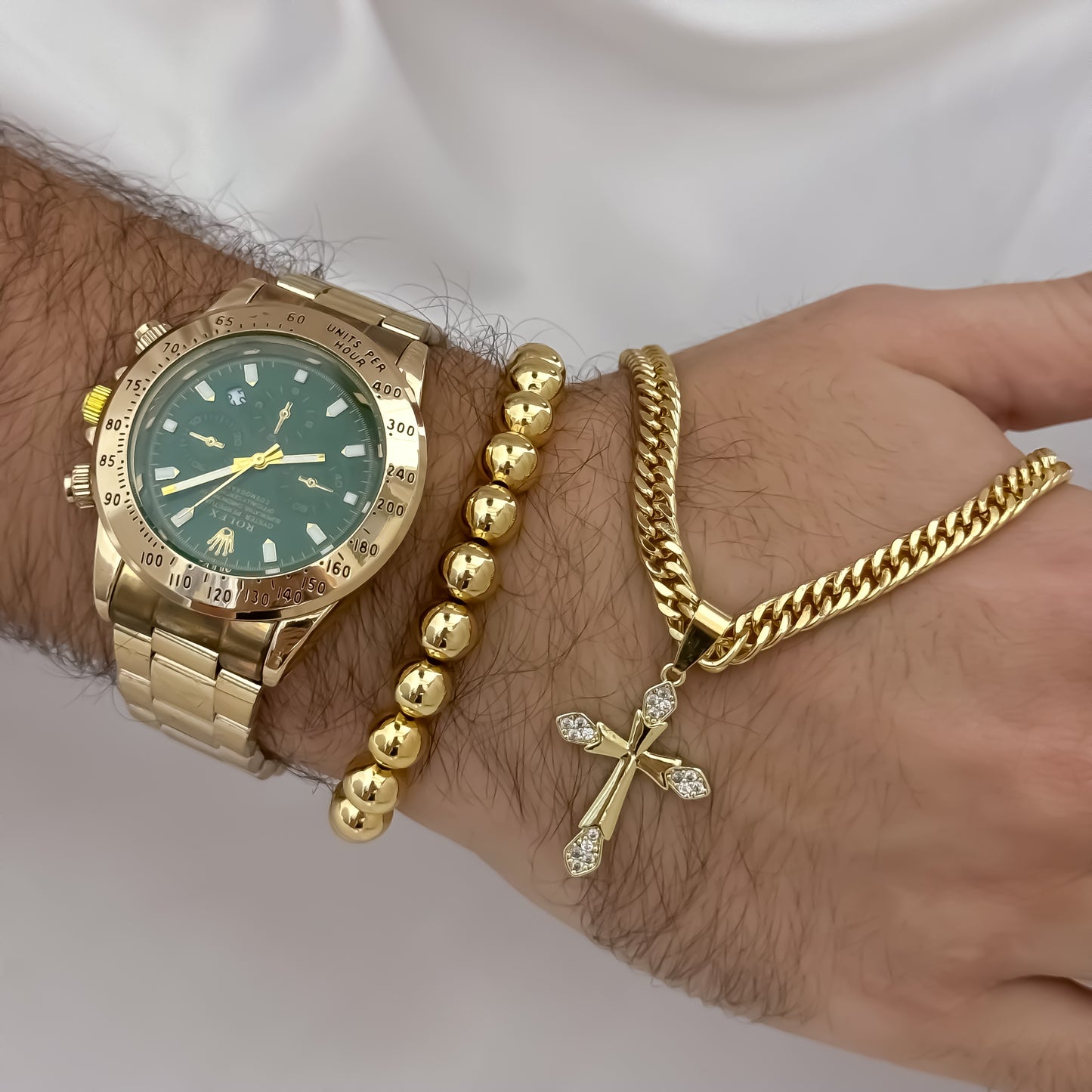 Cadena Cubana Cruzada de 60cm de 3mm de Grosor + Cruz trébol con micro circones + Pulsera Balin de 8mm en Oro Laminado 18k con Reloj Rolex de Alta Calidad
