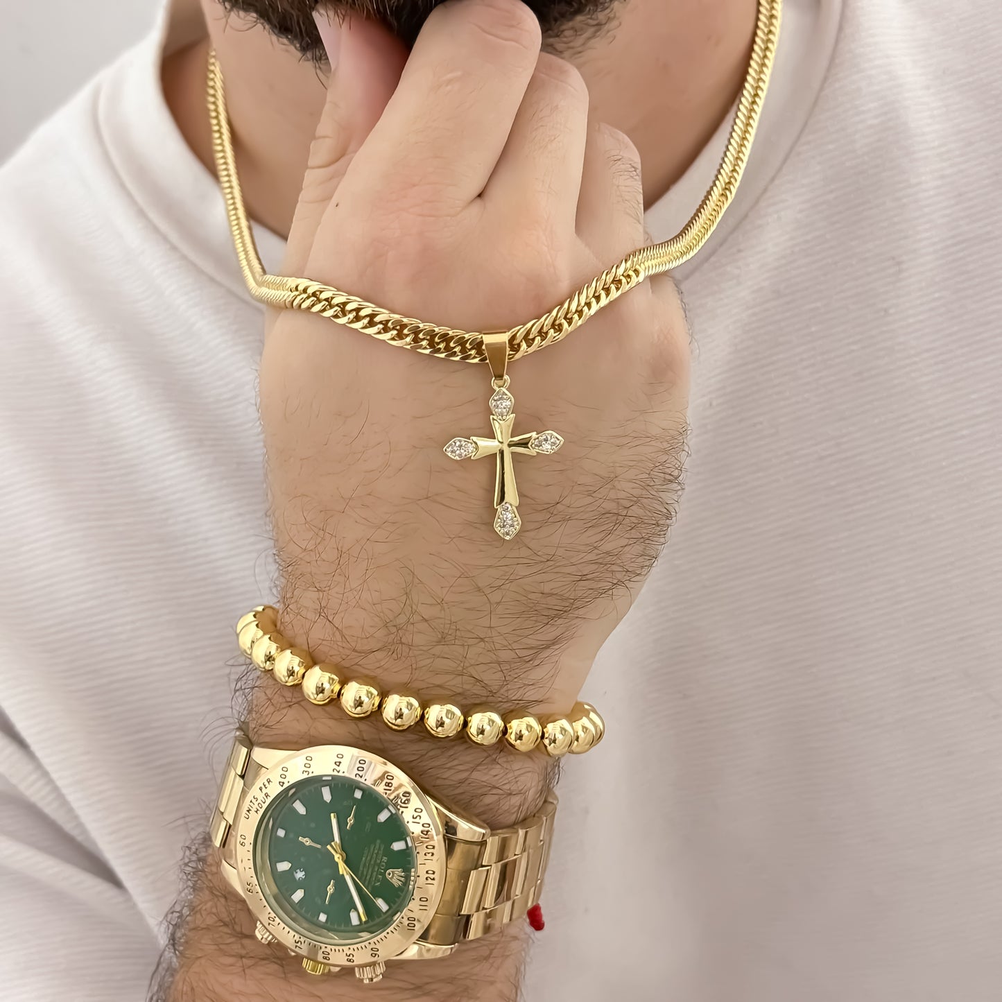 Cadena Cubana Cruzada de 60cm de 3mm de Grosor + Cruz trébol con micro circones + Pulsera Balin de 8mm en Oro Laminado 18k con Reloj Rolex de Alta Calidad