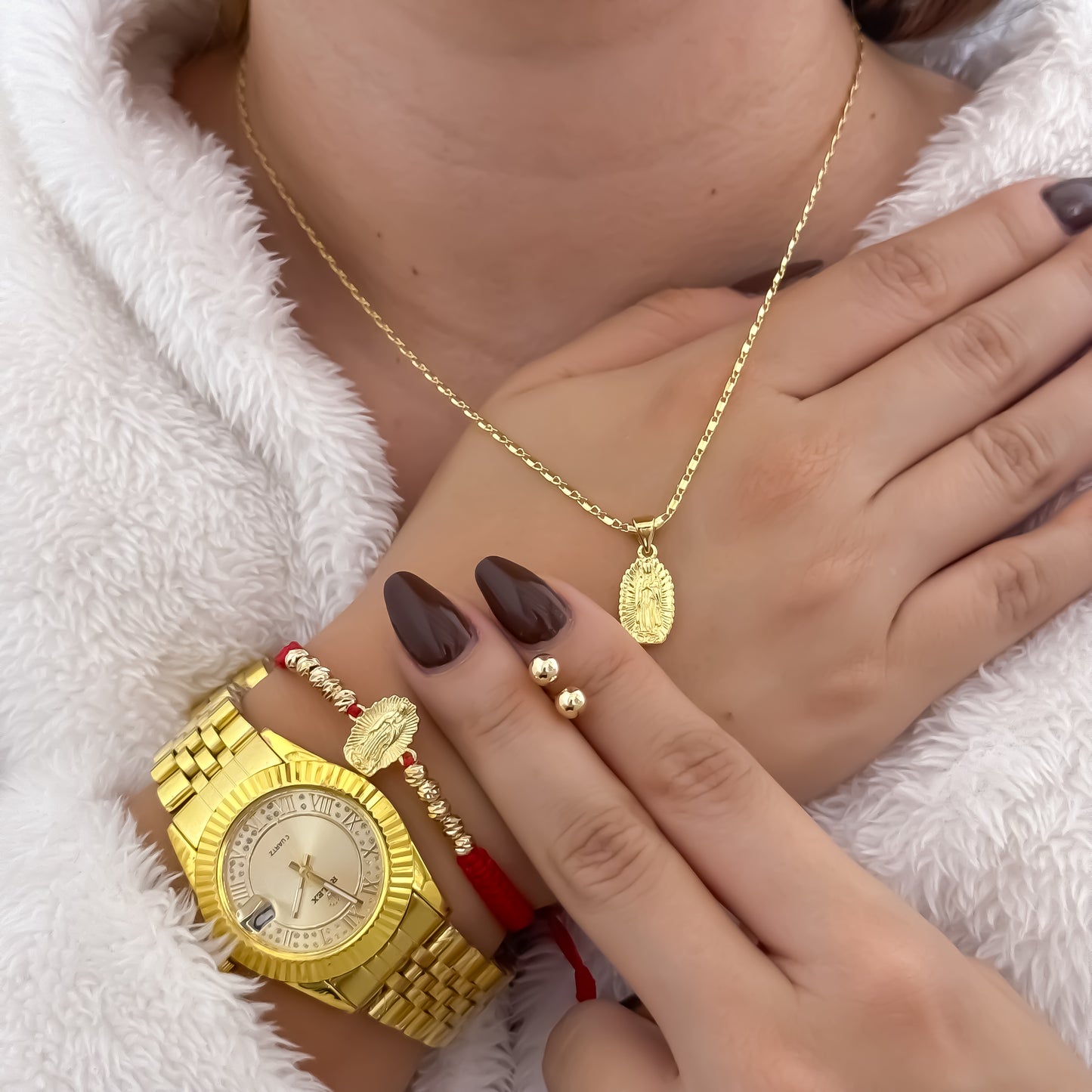 Cadena Tejido Escalera Plana + Virgen de Guadalupe + Pulsera Guadalupe Tallada + Topos Balin de Balin 6mm en Oro Laminado 18k con Gaarantia de por vida Reloj Rolex de Dama