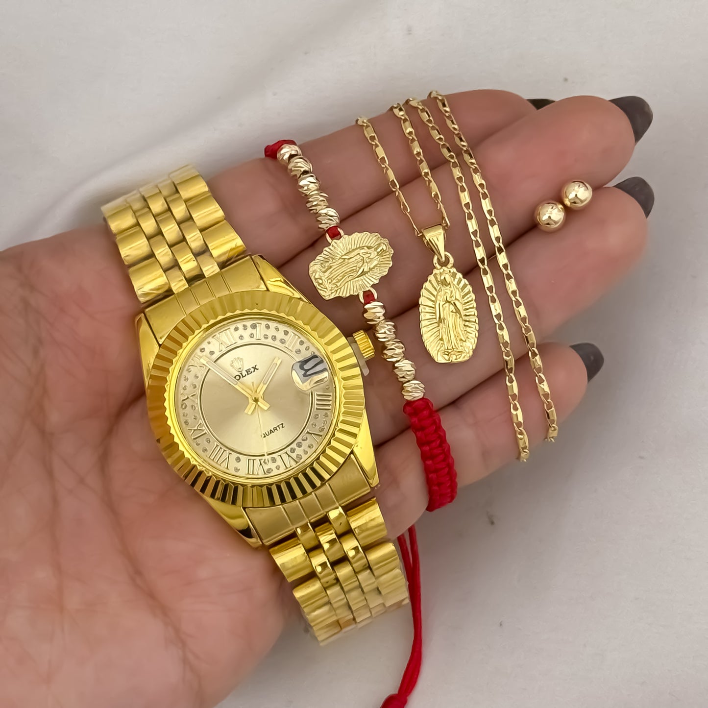 Cadena Tejido Escalera Plana + Virgen de Guadalupe + Pulsera Guadalupe Tallada + Topos Balin de Balin 6mm en Oro Laminado 18k con Gaarantia de por vida Reloj Rolex de Dama