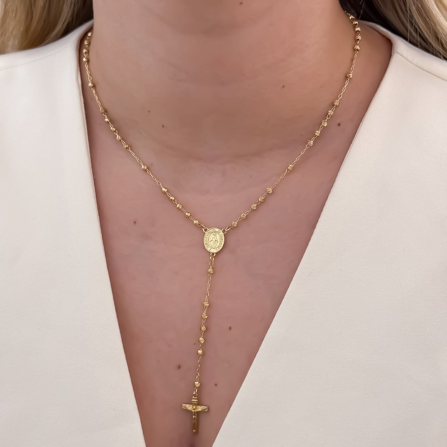 Rosario para Mama de Virgen de Milagrosa en Balin italiano de 4mm Diamantado en Oro Laminado 18k con Garantia de por vida
