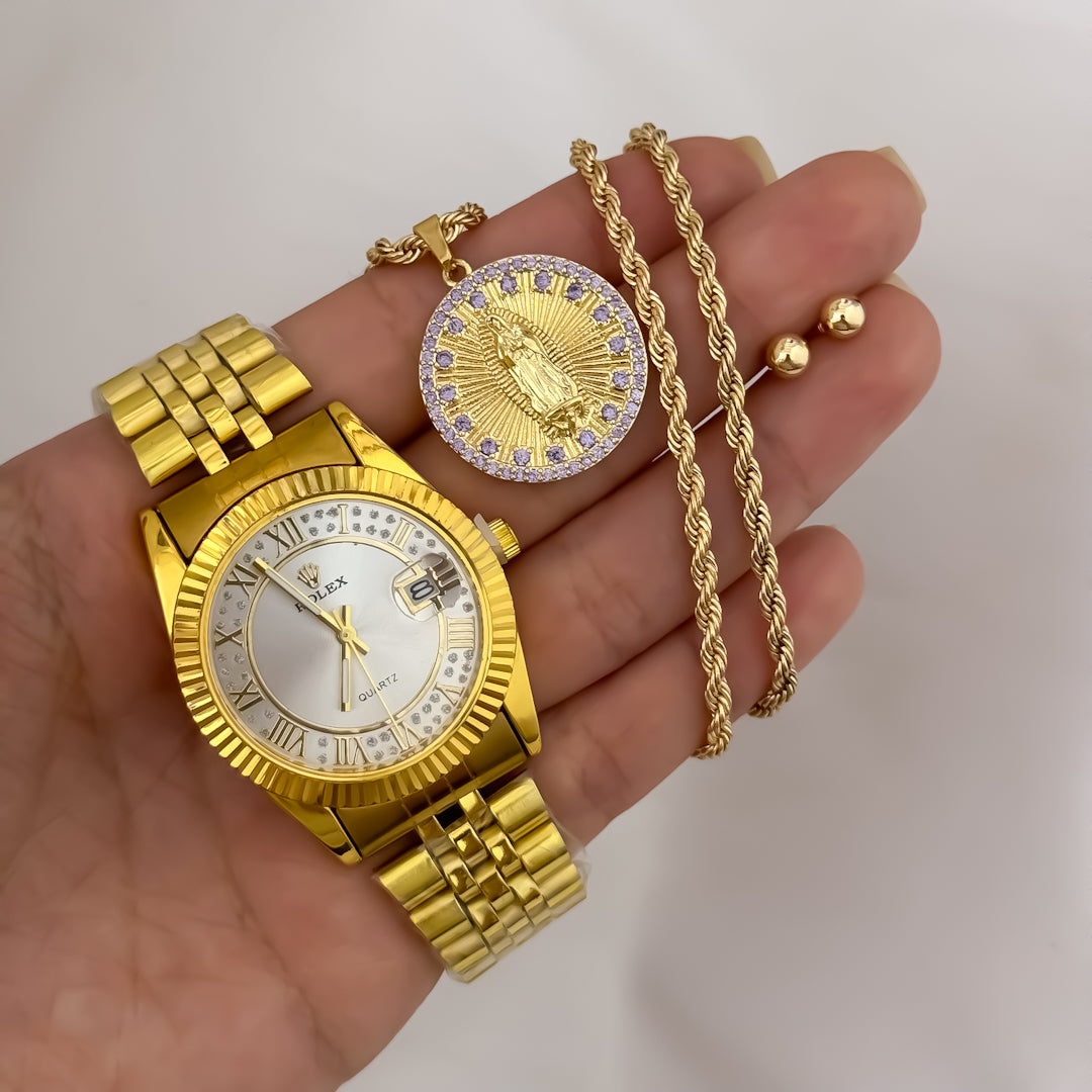 Cadena Tejido Lazo Siciliano de 45cm de 3mm + Virgen de Guadalupe con Circones + Topo balin de 5mm en Oro Laminado 18k con Garantía de por vida + Reloj de Dama Rolex con Garantía