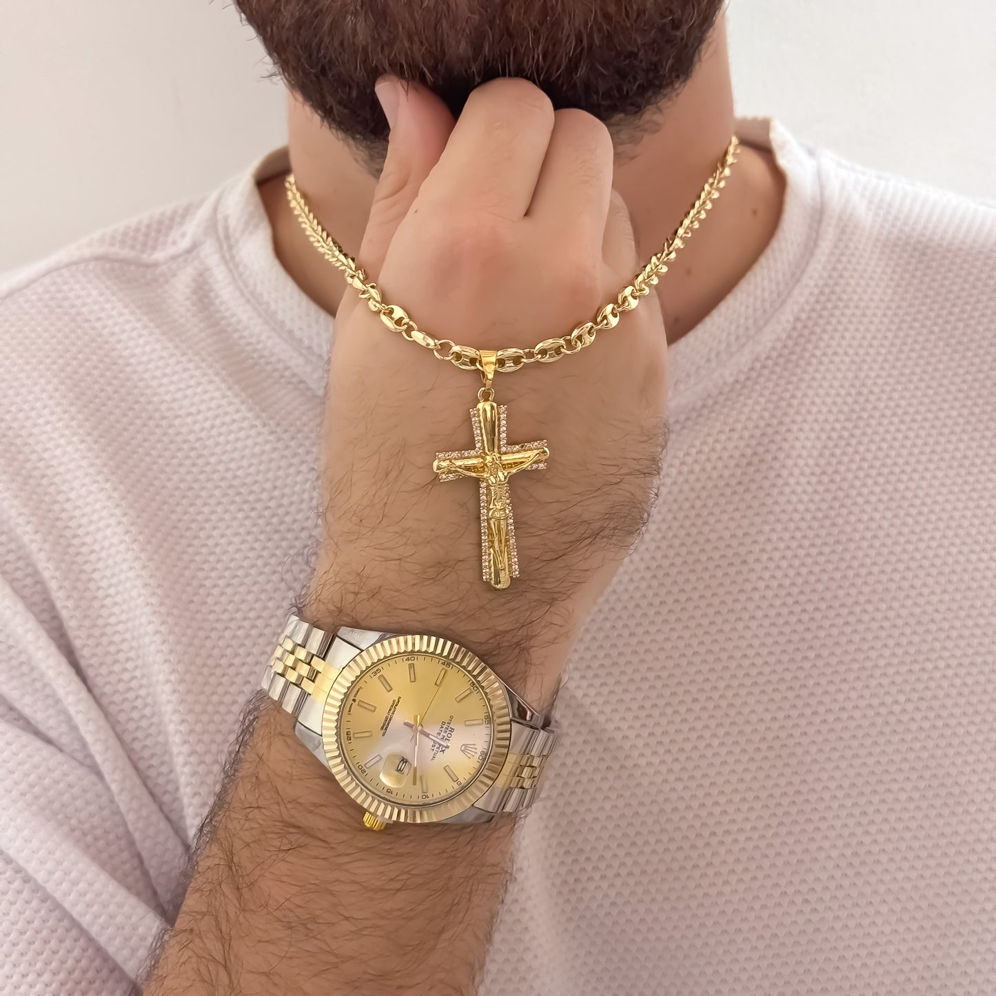 Cadena Tejido Gucci de Hombre de 60 m de 5mm + Dije de Cruz Cristo Madero en Oro Laminado 18k con Garantía de por vida + Reloj Rolex Vicolor de Alta Calidad 1.1