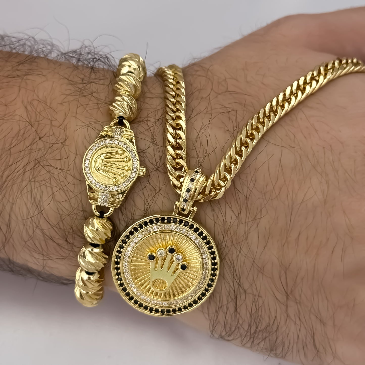 Cadena Tejido Cubana Cruzada de 60cm de 5mm + Corona Rolex con Micro Circones Cristales + Pulseras Ba