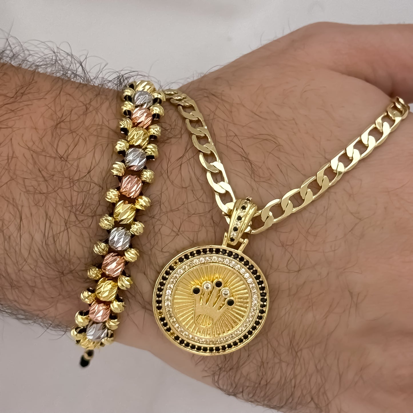 Cadena Tejido Cubana Gruesa de 60cm de 5mm de Grosor + Corona Rolex con Micro circones Negro + Pulsera 3 Carriles de 3 oro en Balin italiiano de 4mm 5mm 6mm en Oro Laminado 18k con Garantia de por vida