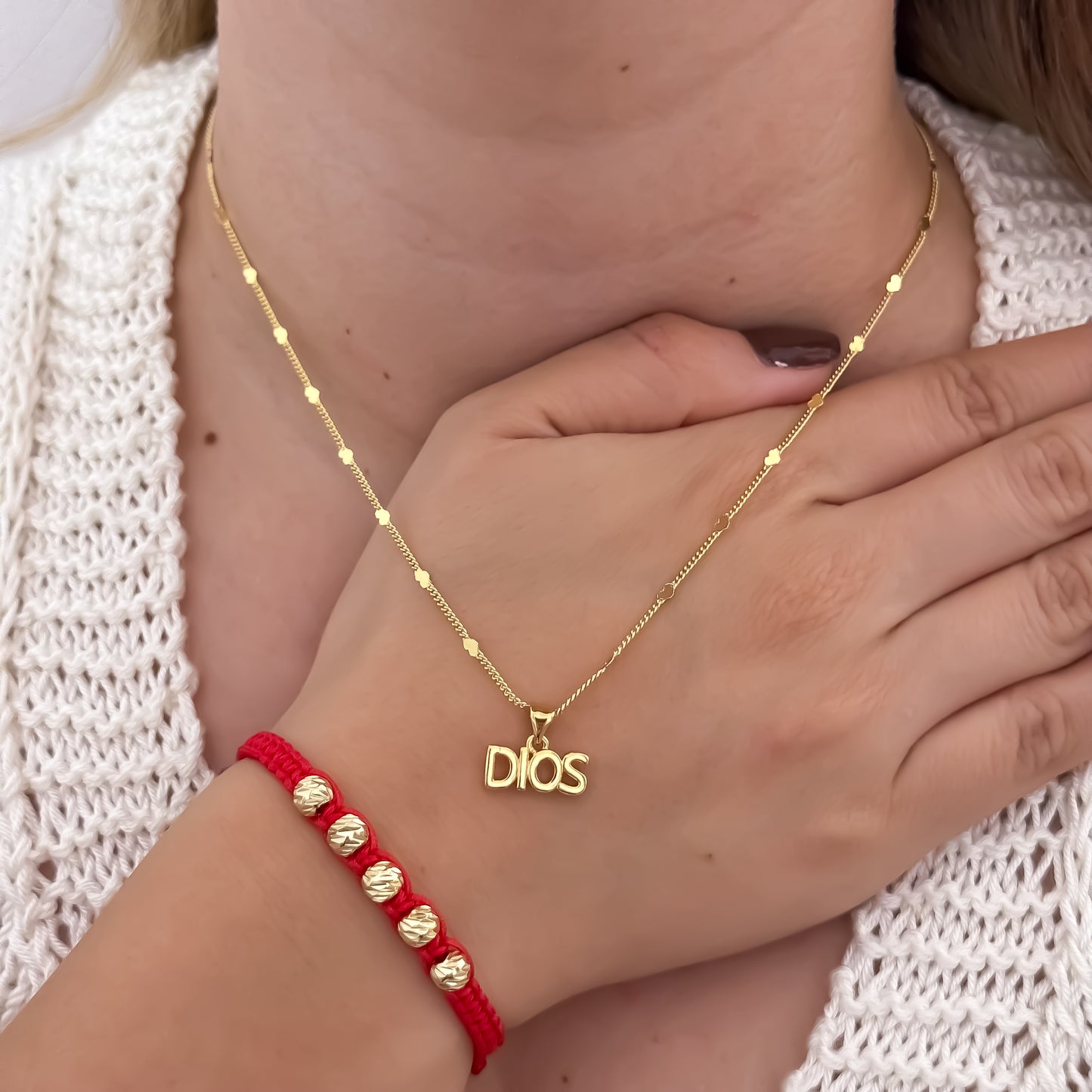 Cadena Tejido Cubana con Destello + Dije de Dios + Pulsera Hilo Rojo en Balin italiano de 6mm en Oro Laminado 18k con Garantia de por vida
