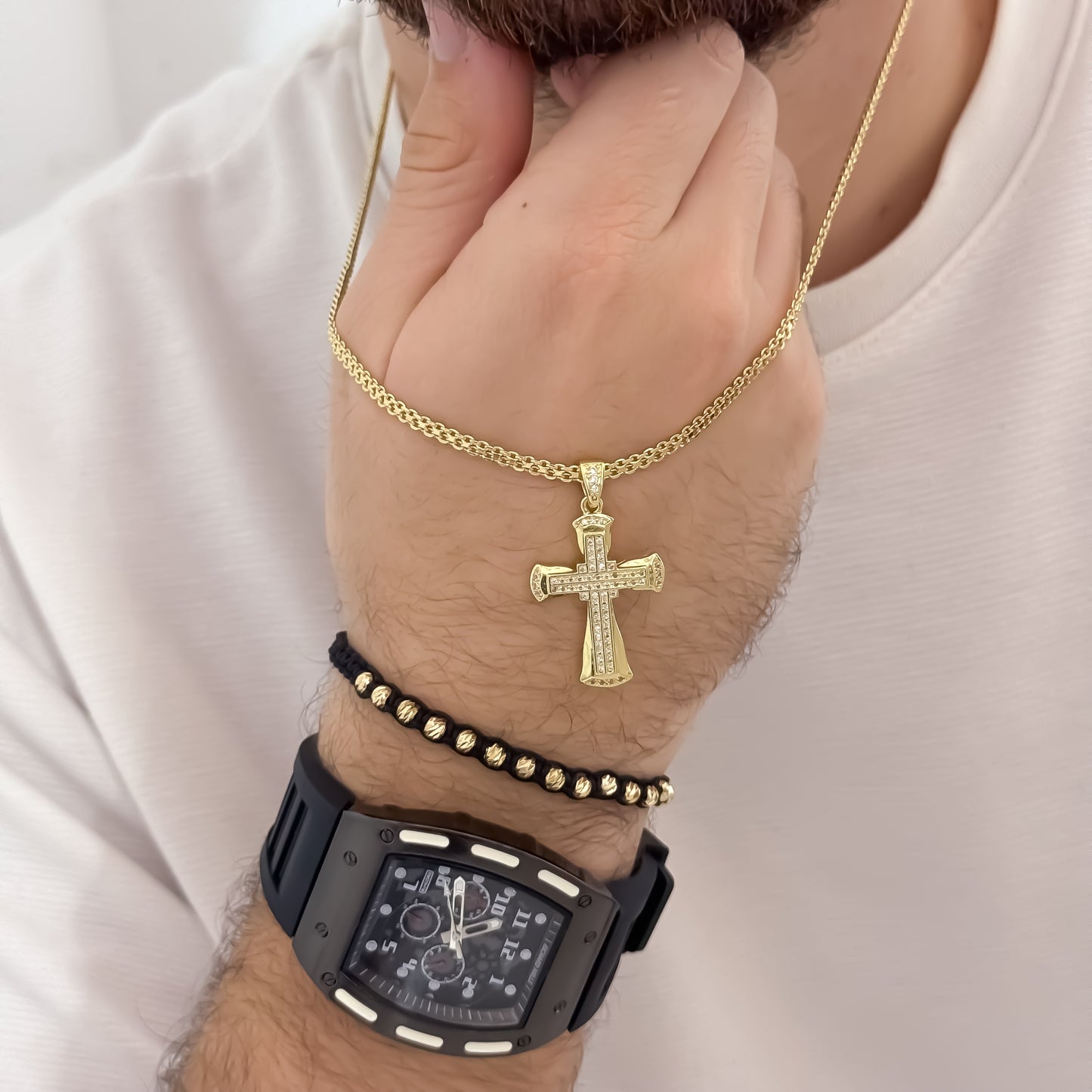 Cadena Tejido Chino de Hombre de 60cm de 3mm de Grosor + Cruz Lisa con Micro circones + Pulsera Balin italiano de 4mm en Oro Laminado 18k con Garantía de por vida + Reloj Richard