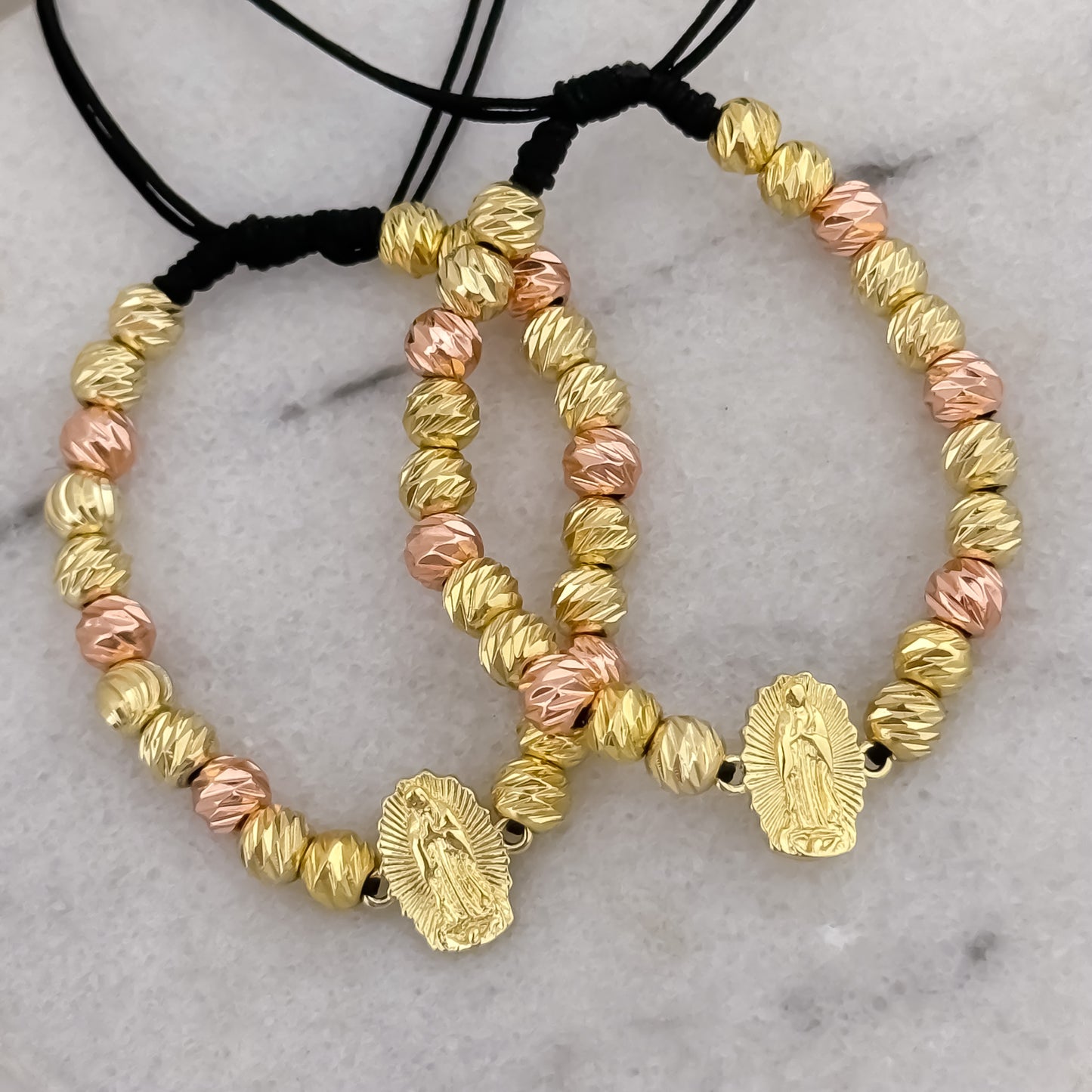Promoción de Par de Pulseras para Pareja de Virgen de Guadalupe Talla en Balin Italiano 6mm Oro Rosa + Amarillo en Oro Laminado 18k Garantia de por vida