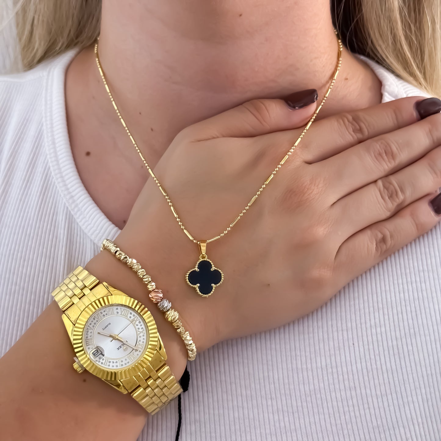 Conjunto Cadena Tejido Militar 45cm + Dije Trebol + Pulsera Balin italiano de 5mm de 3 oros + Reloj de Rolex de Dama en Oro Laminado 18k con Garantía de por vida