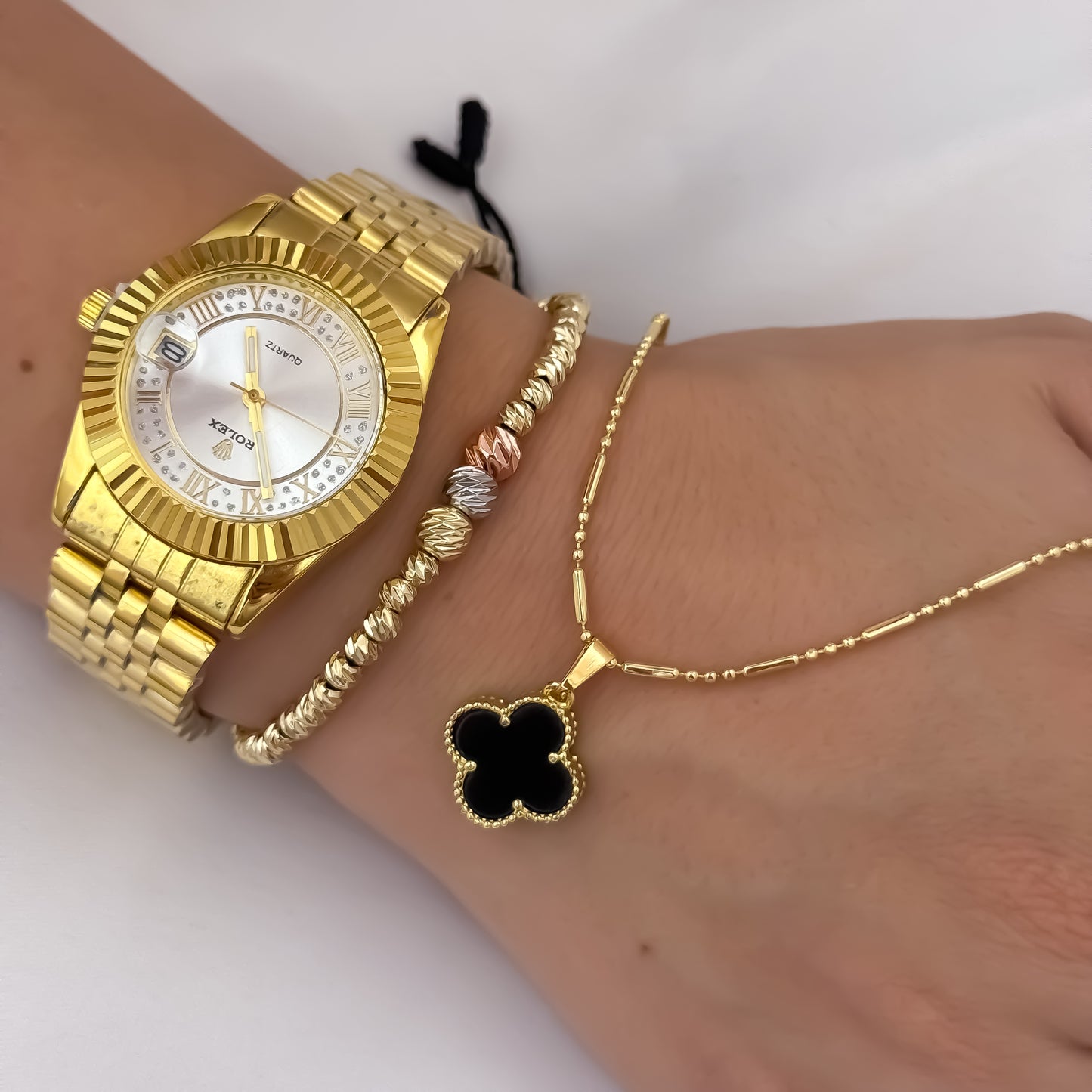 Conjunto Cadena Tejido Militar 45cm + Dije Trebol + Pulsera Balin italiano de 5mm de 3 oros + Reloj de Rolex de Dama en Oro Laminado 18k con Garantía de por vida
