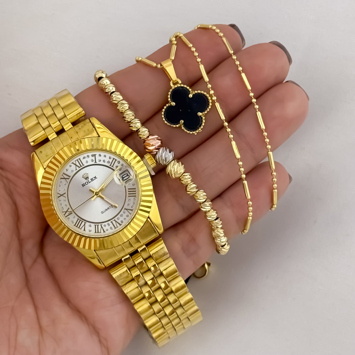 Conjunto Cadena Tejido Militar 45cm + Dije Trebol + Pulsera Balin italiano de 5mm de 3 oros + Reloj de Rolex de Dama en Oro Laminado 18k con Garantía de por vida
