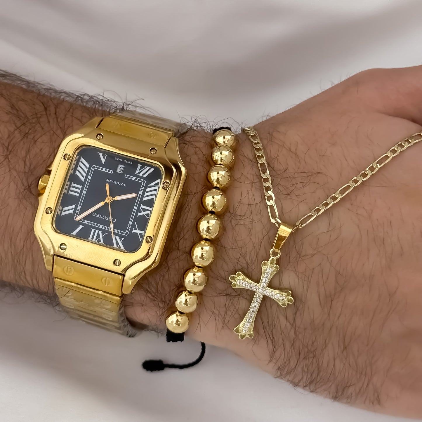 Cadena Tejido Cartier de Hombre de 60cm de 3mm de Grosor + Cruz con micro circones + Pulsera Full Balines de 8mm en Oro Laminado 18k con Garantia de por vida + reloj Catier