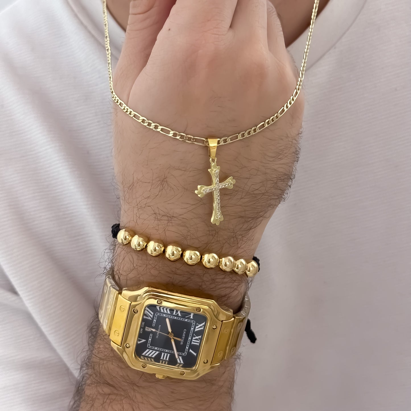 Cadena Tejido Cartier de Hombre de 60cm de 3mm de Grosor + Cruz con micro circones + Pulsera Full Balines de 8mm en Oro Laminado 18k con Garantia de por vida + reloj Catier