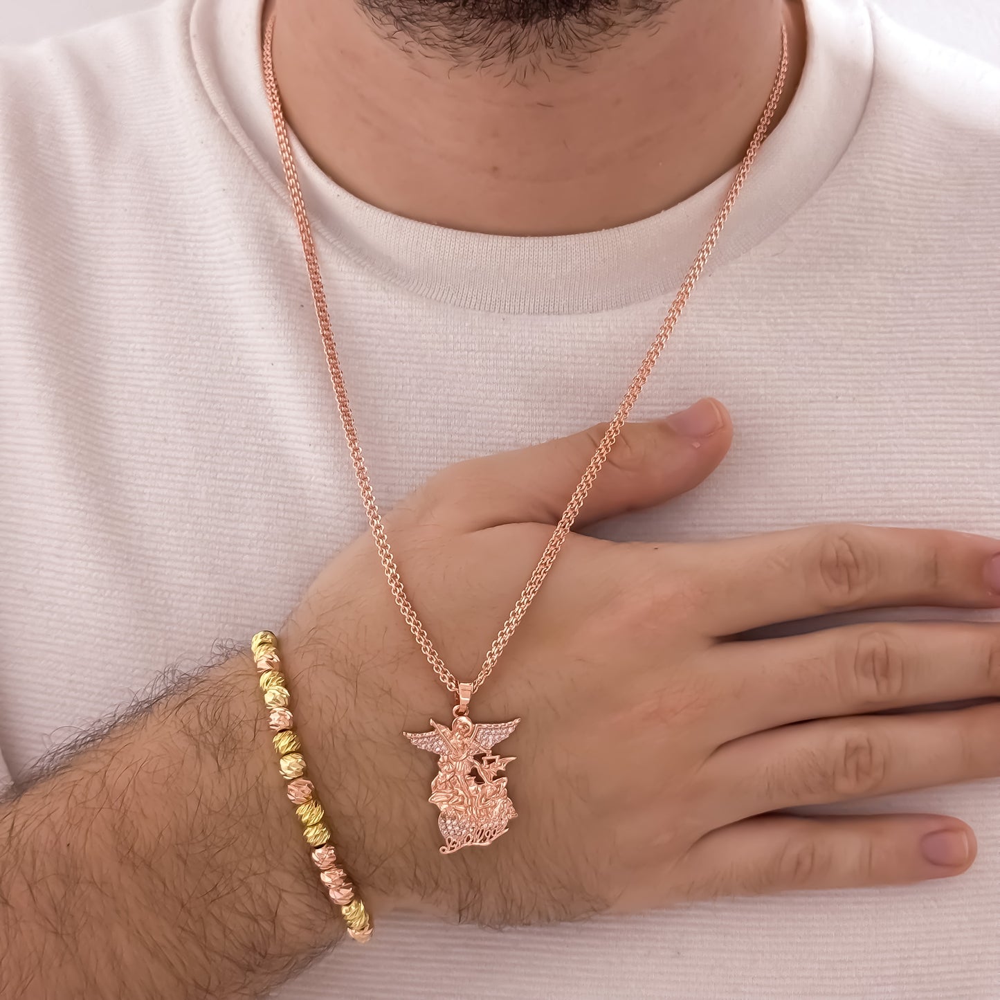 Cadena Tejido Chino de hombre en Oro Rosa de 60cm + San Miguel Arcángel + Pulsera Balin Italiano Oro Rosa en Oro laminado 18k con Garantia