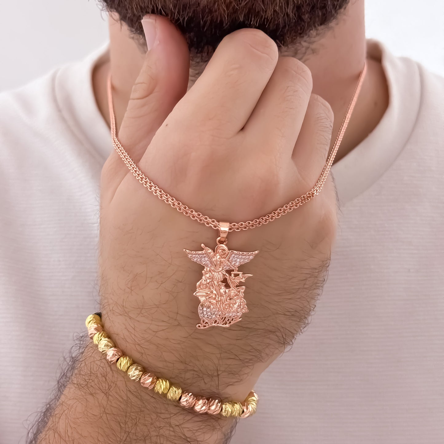 Cadena Tejido Chino de hombre en Oro Rosa de 60cm + San Miguel Arcángel + Pulsera Balin Italiano Oro Rosa en Oro laminado 18k con Garantia