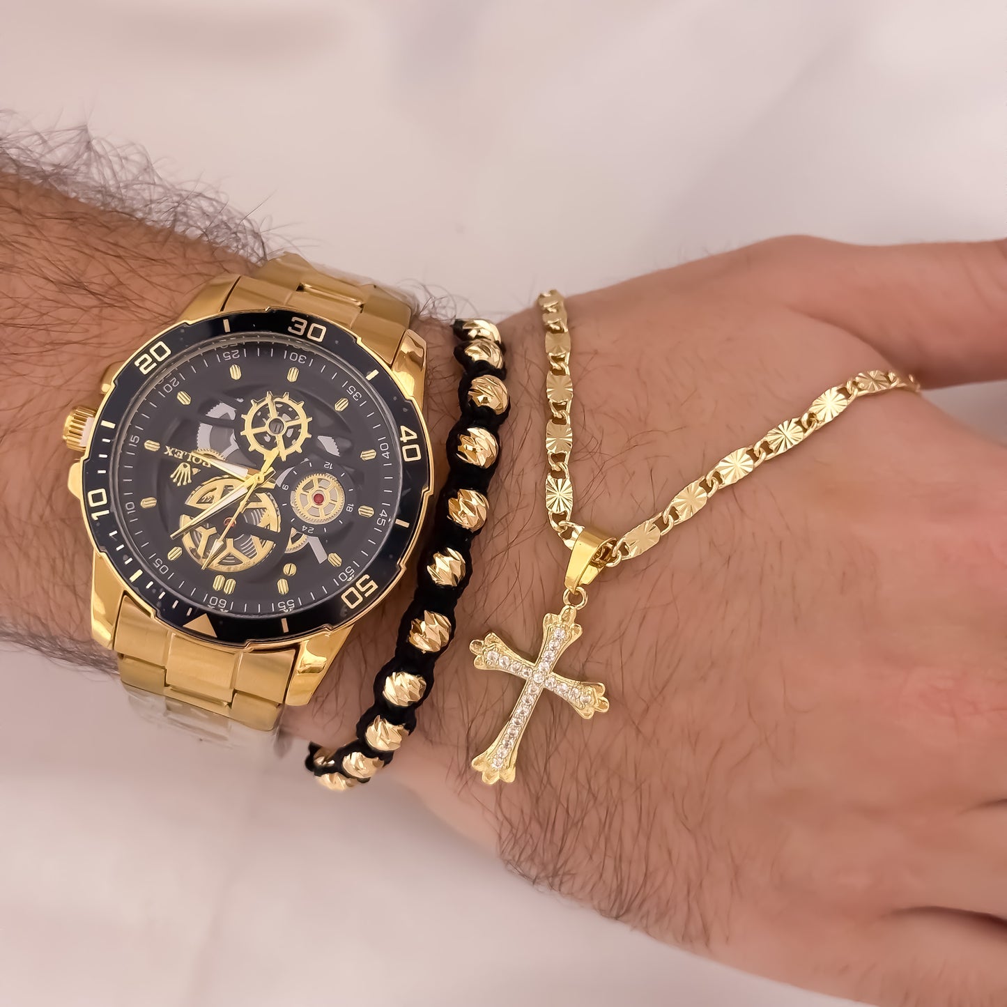 Cadena Tejido Escalera Plana60cm de 3mm de Grosor + Dije Cruz Micro circones + Pulsera Balin italiano 6mm en Oro Laminado 18k con Garantia de por vida + Reloj Rolex con Garantia