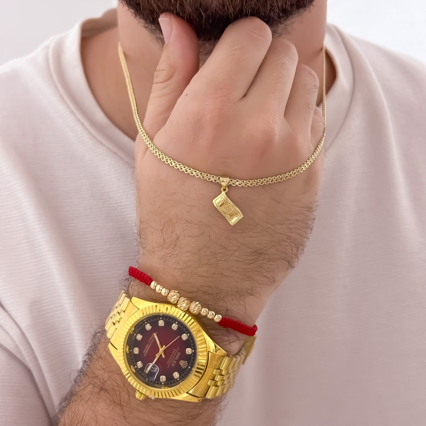 Cadena Tejido chino de hombre 60cm de 3mm + Dije de Billete de Dolar + Pulsera Tejida en Balin Italiano en Oro Laminado 18k con Garantia de por vida