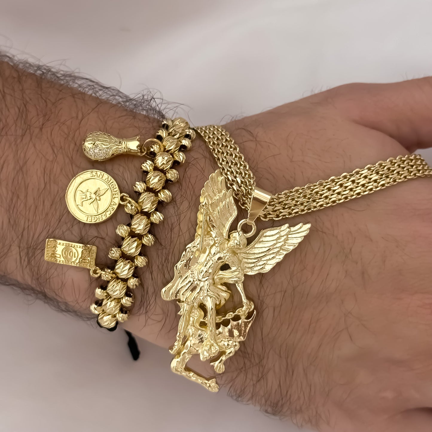Cadena Tejido Chino Doble Carril de 60cm de 5mm de Grosor + San Miguel Arcangel Proteccion + Pulsera Abundancia Protección de 3 Carriles en Balin Italiano en Oro Laminado 18k con Garantia de por vida
