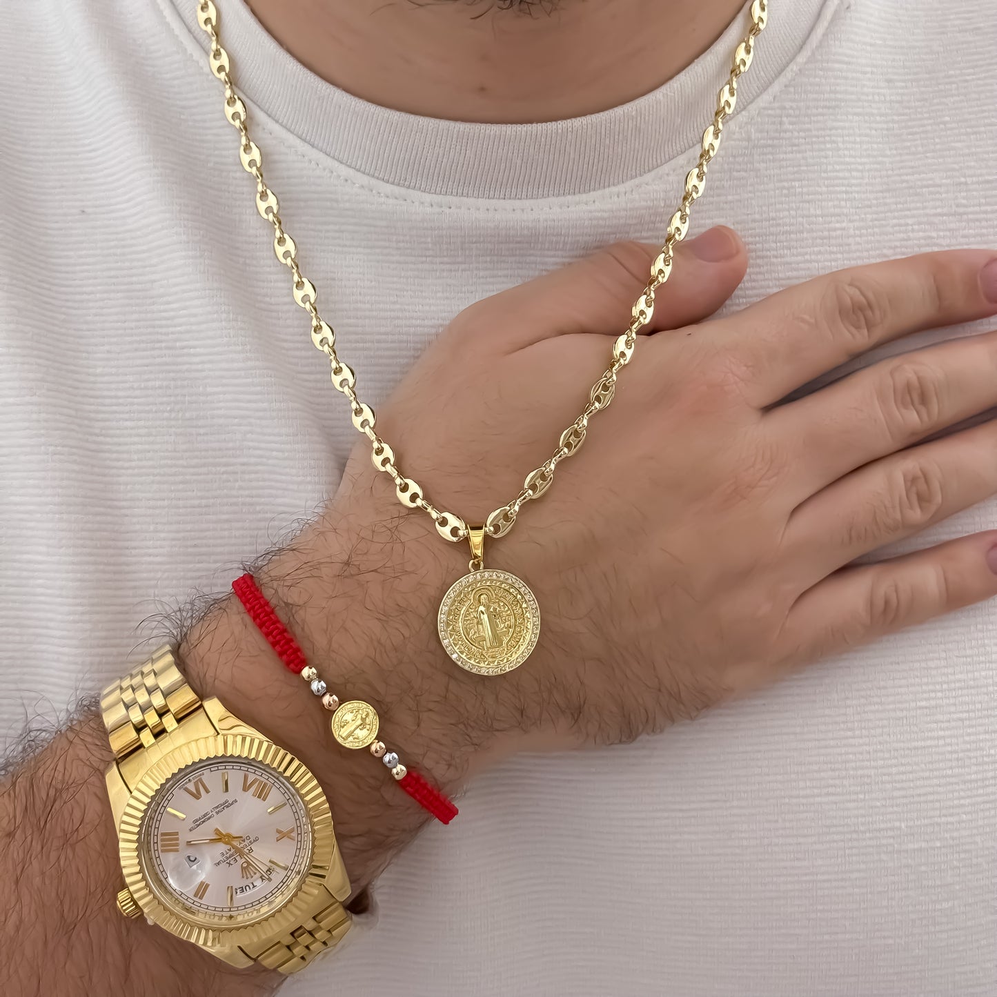 Cadena Tejido Gucci de 60cm de 4mm + San Benito Proteccion + Pulsera San Benito Hilo Rojo en Oro Laminado 18k con Garantia + Reloj Rolex 1.1 con garantía