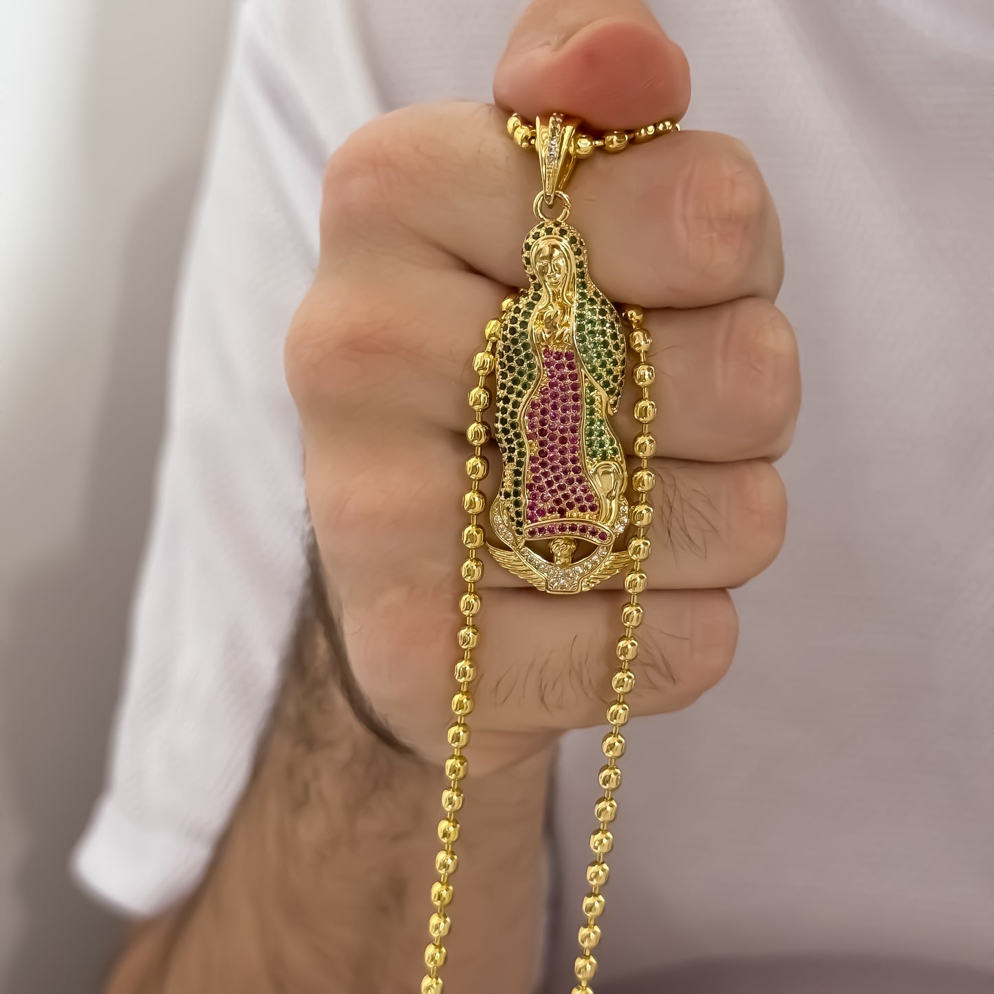 Cadena Tejido Militar Diamantada Hombre de 60cm + Virgen de Guadalupe tallada con Micro Circones en Oro Laminado 18k con Garantía de por vida