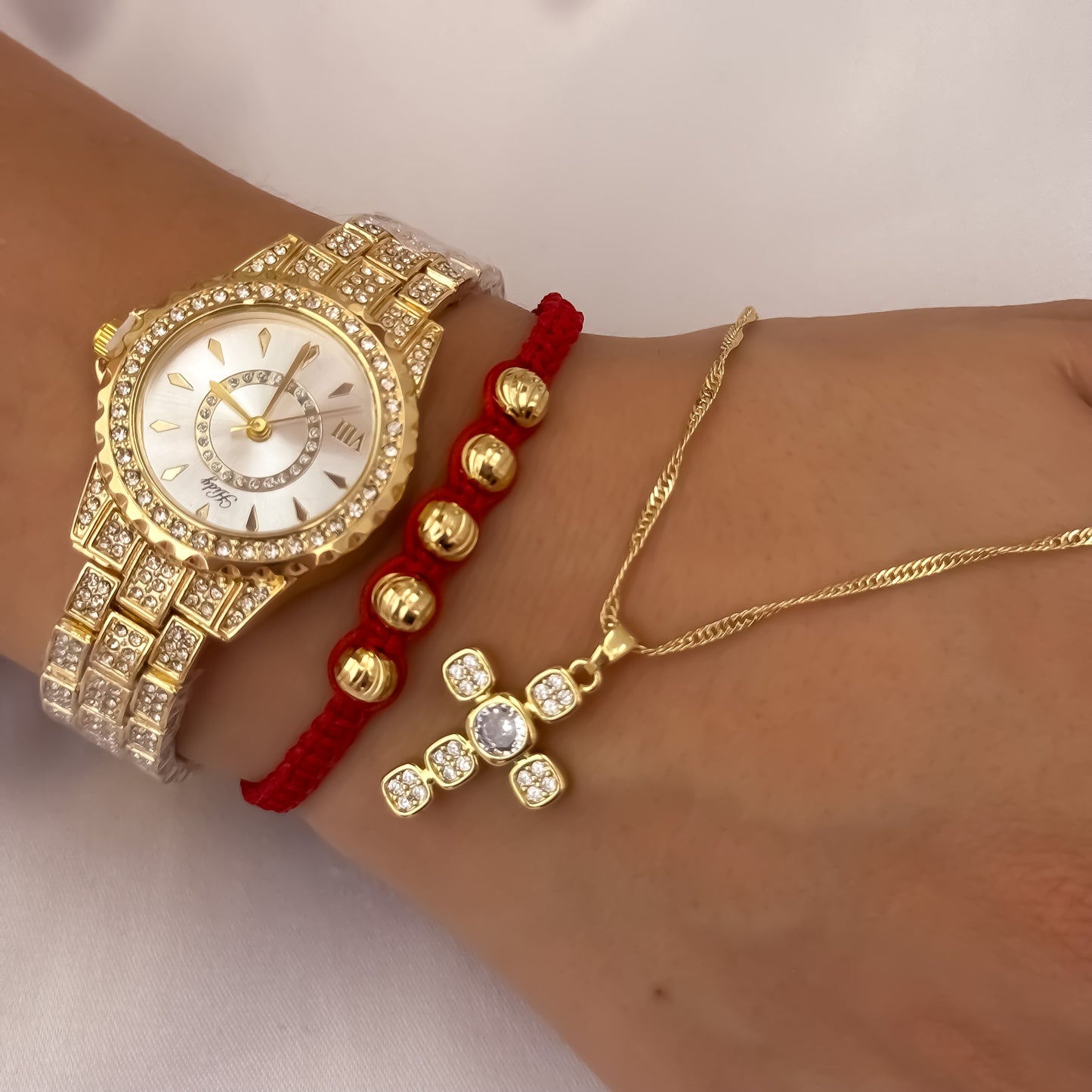 Cadena Tejido Singapur de Dama de 45cm + Cruz con Micro Circones Cristales + Pulsera Hilo Rojo Balin italiano
