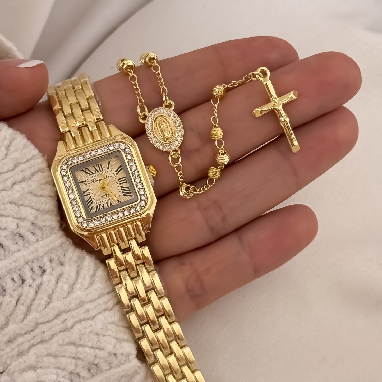 Camandula de Virgen de Guadalupe par Dama en Balin Italiano de 5mm + Reloj de Dama Tipo Catier con Circones en Oro Laminado 18k con Garantia de por vida