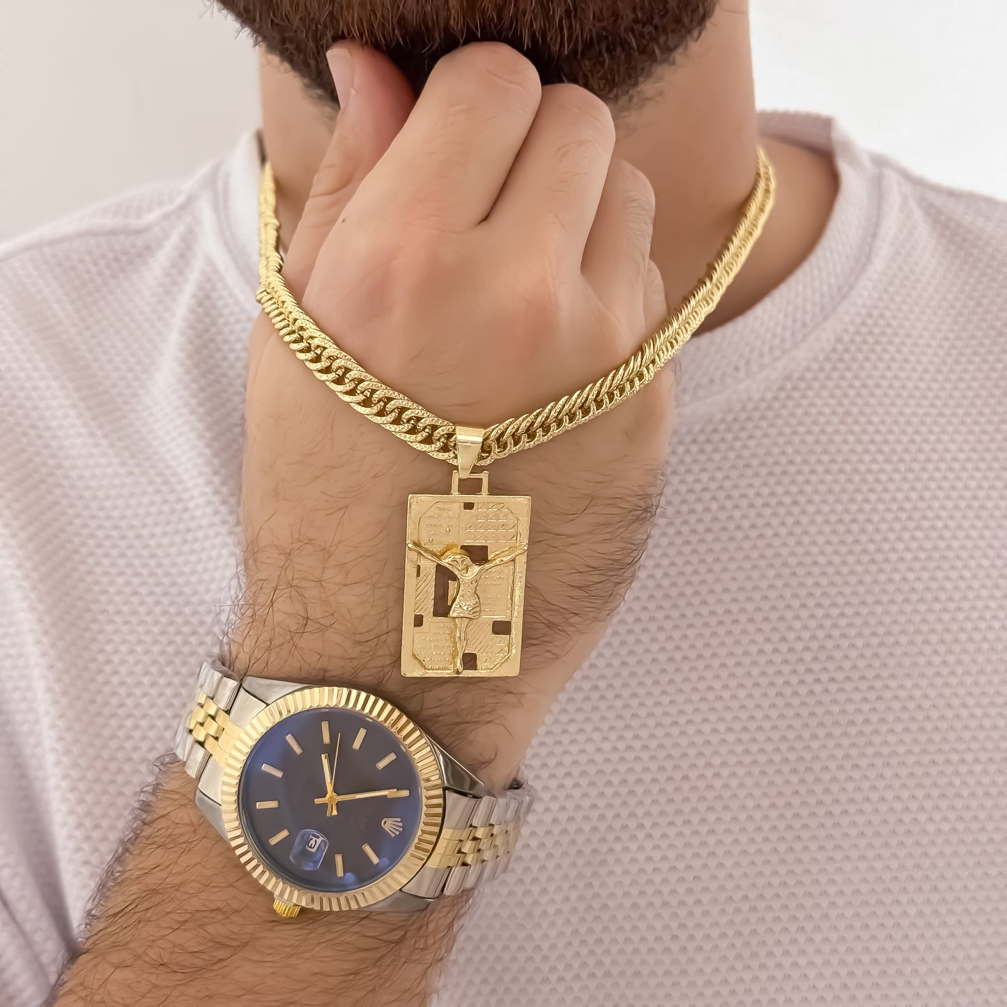 Cadena Tejido Cubana Cruzada Gruesa de 60cm de 5mm de Grosor + Placa Cristo Madero + Reloj Rolex de Hombre Bicolor en Oro Laminado 18k con Garantía de por vida