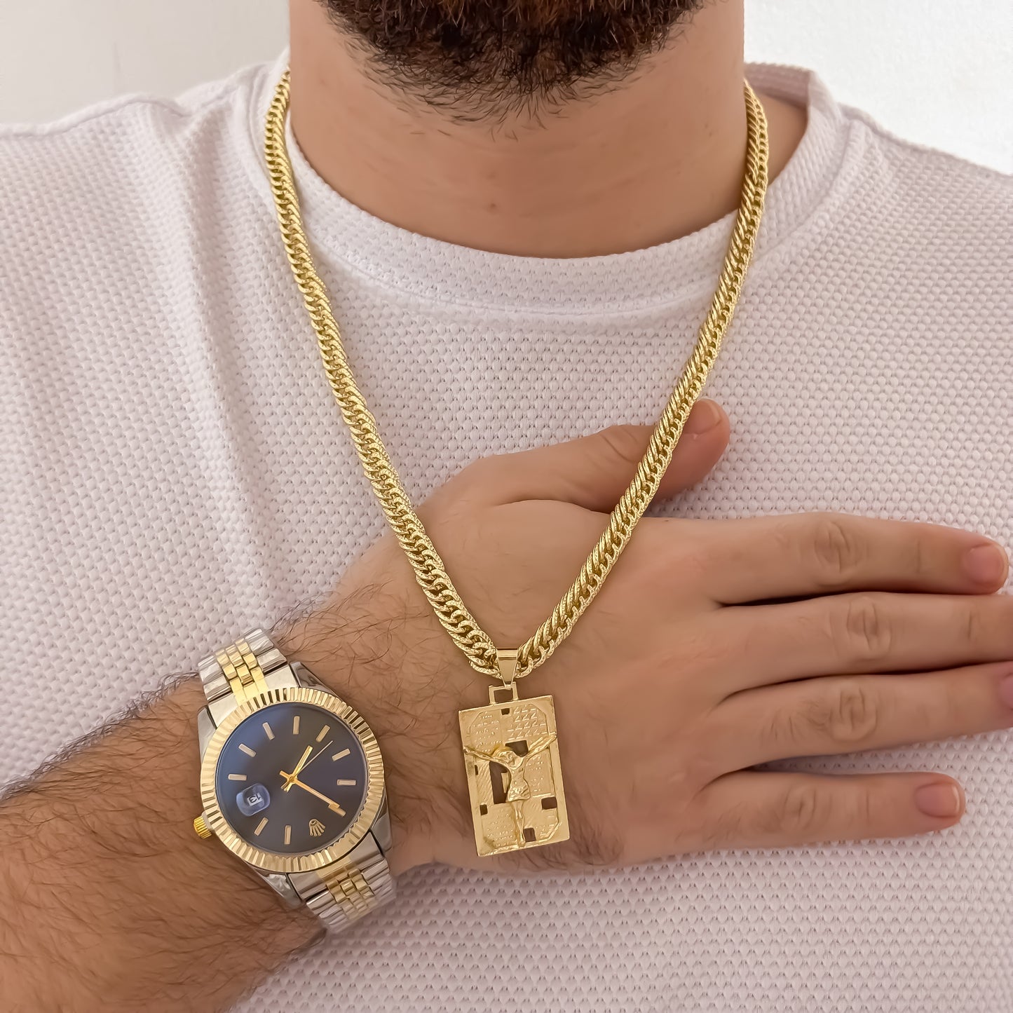 Cadena Tejido Cubana Cruzada Gruesa de 60cm de 5mm de Grosor + Placa Cristo Madero + Reloj Rolex de Hombre Bicolor en Oro Laminado 18k con Garantía de por vida