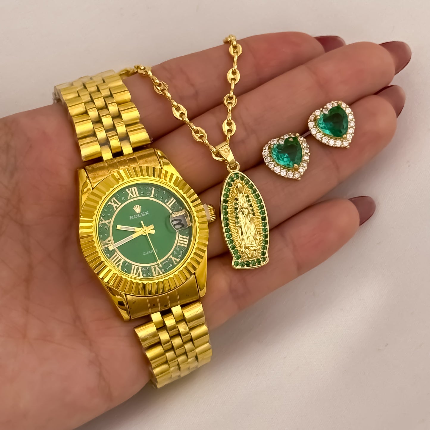 Cadena Tejido Gucci de Dama de 45cm de 3mm + Virgen de Guadalupe con Micro circones Verde Esmeralda + Topos Corazon Verde Esmeralda + Reloj Rolex de Dama en Oro Laminado 18k con Garantia de por vida