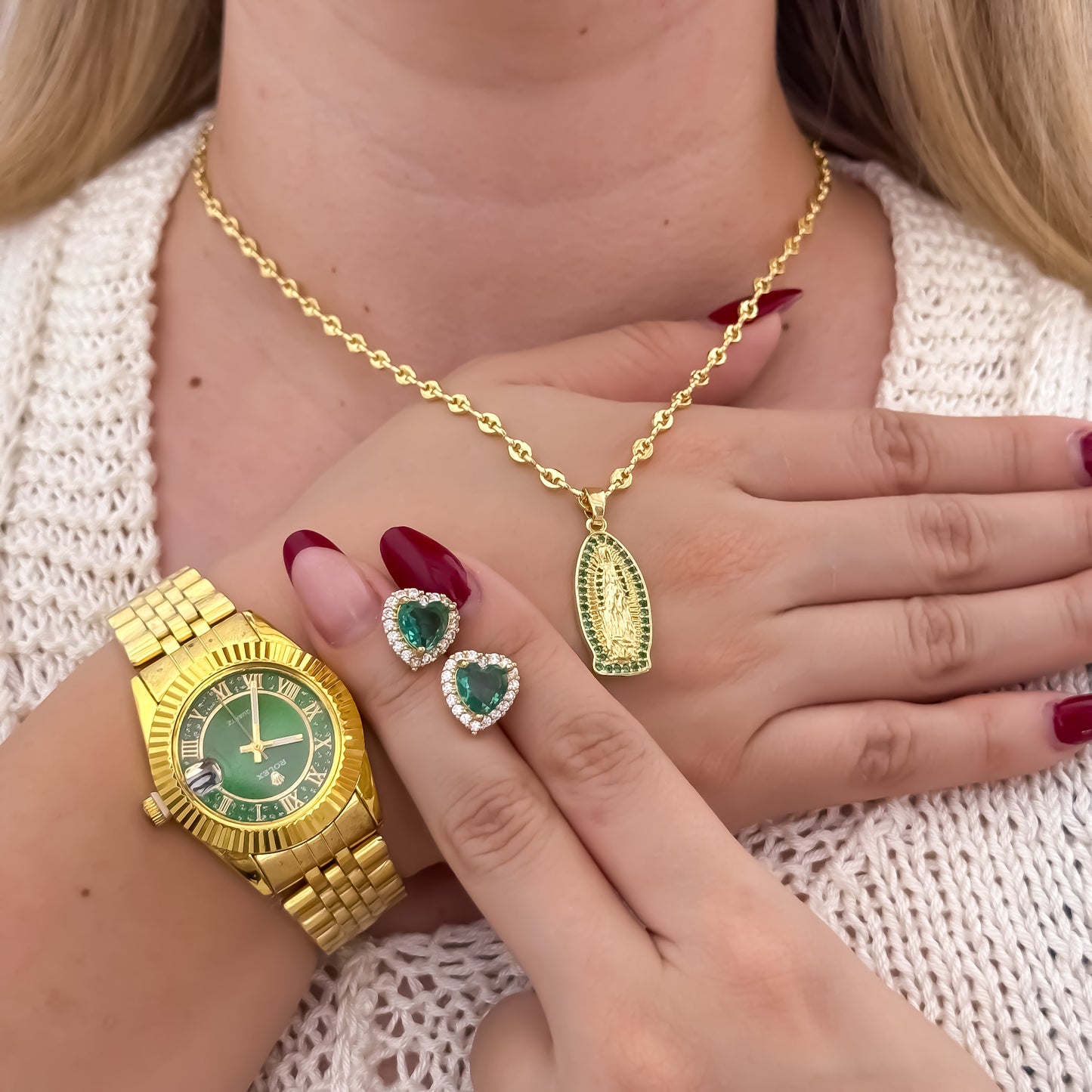 Cadena Tejido Gucci de Dama de 45cm de 3mm + Virgen de Guadalupe con Micro circones Verde Esmeralda + Topos Corazon Verde Esmeralda + Reloj Rolex de Dama en Oro Laminado 18k con Garantia de por vida