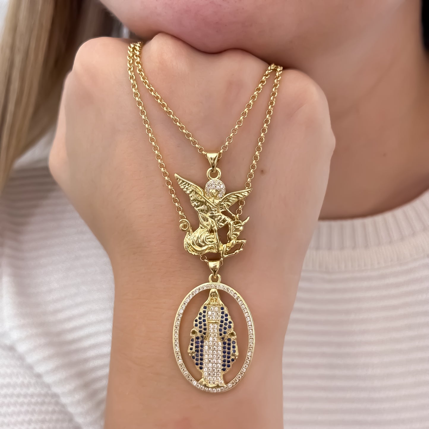 Promocion de Amor y Amistad Cadenas para Parejas de Hombre 60cm y Dama 45cm con Dije de San Miguel Arcángel + Virgen de Carmen en Oro Laminado 18k con Garantia de por vida