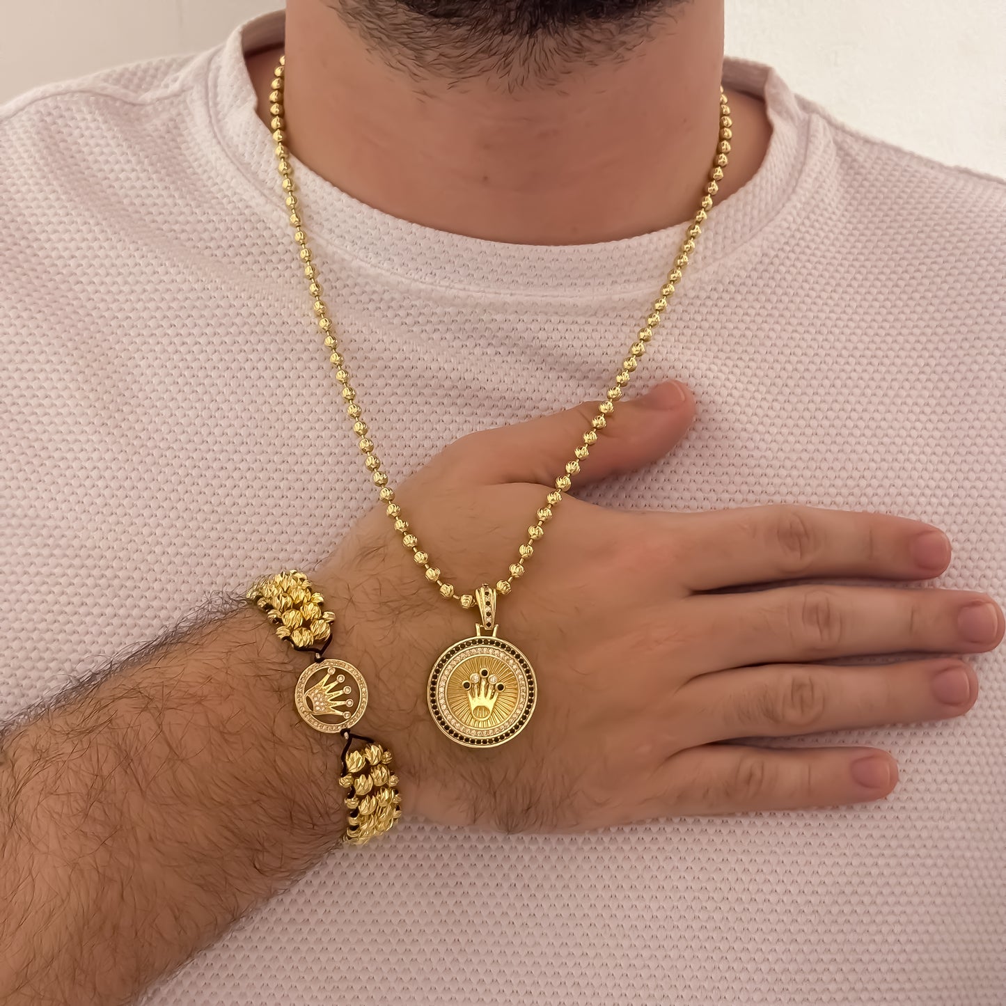 Cadena Tejido Militar de Hombre de 60cm de 4mm + Corona Rolex Verde Esmeralda + Pulsera Rolex 3 Carril Balin Italiano de 5mm en Oro Laminado 18k con Garantia de por vida