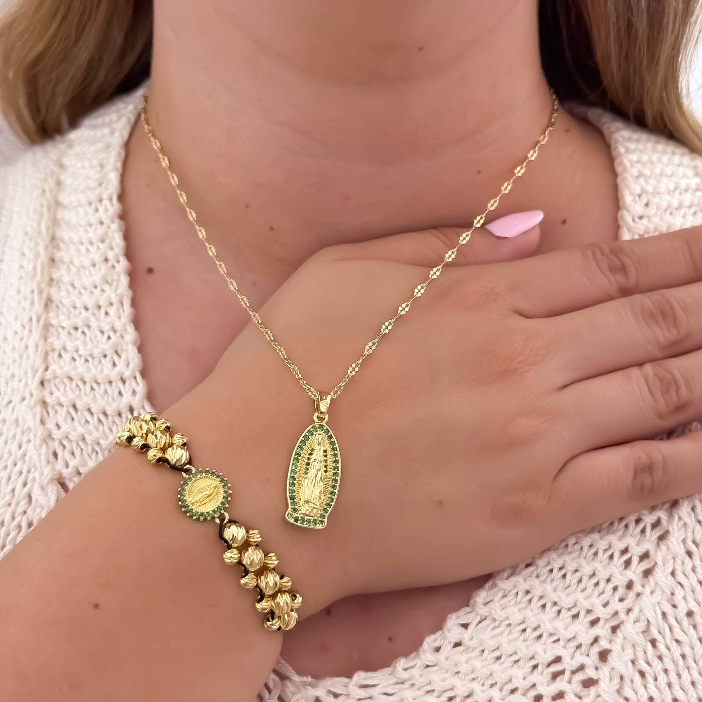 Cadena Tejido Crispeta de 45cm + Virgen de Guadalupe con Micro Circones Verde + Pulsera Virgen de Guadalupe de Tres Carriles en Balin Italiano en Oro Laminado 18k con Garantia de por vida