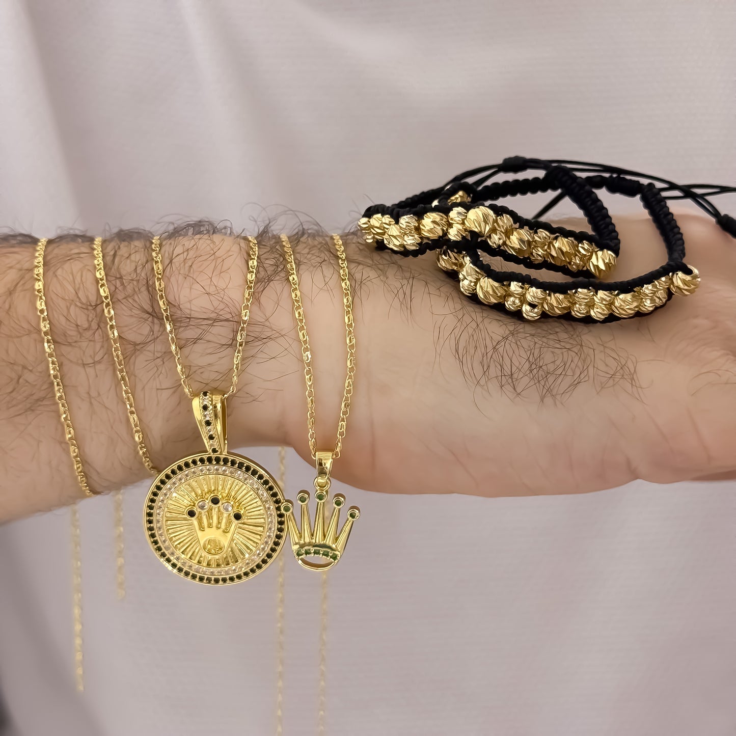 Promocion de Cadenas para Parejas en Tejido Caracol Para Dama y Caballero + Dije de Corona Rolex + Pulseras Doble Carril en Balin italiano en Oro Laminado 18k con Garantía de por vida