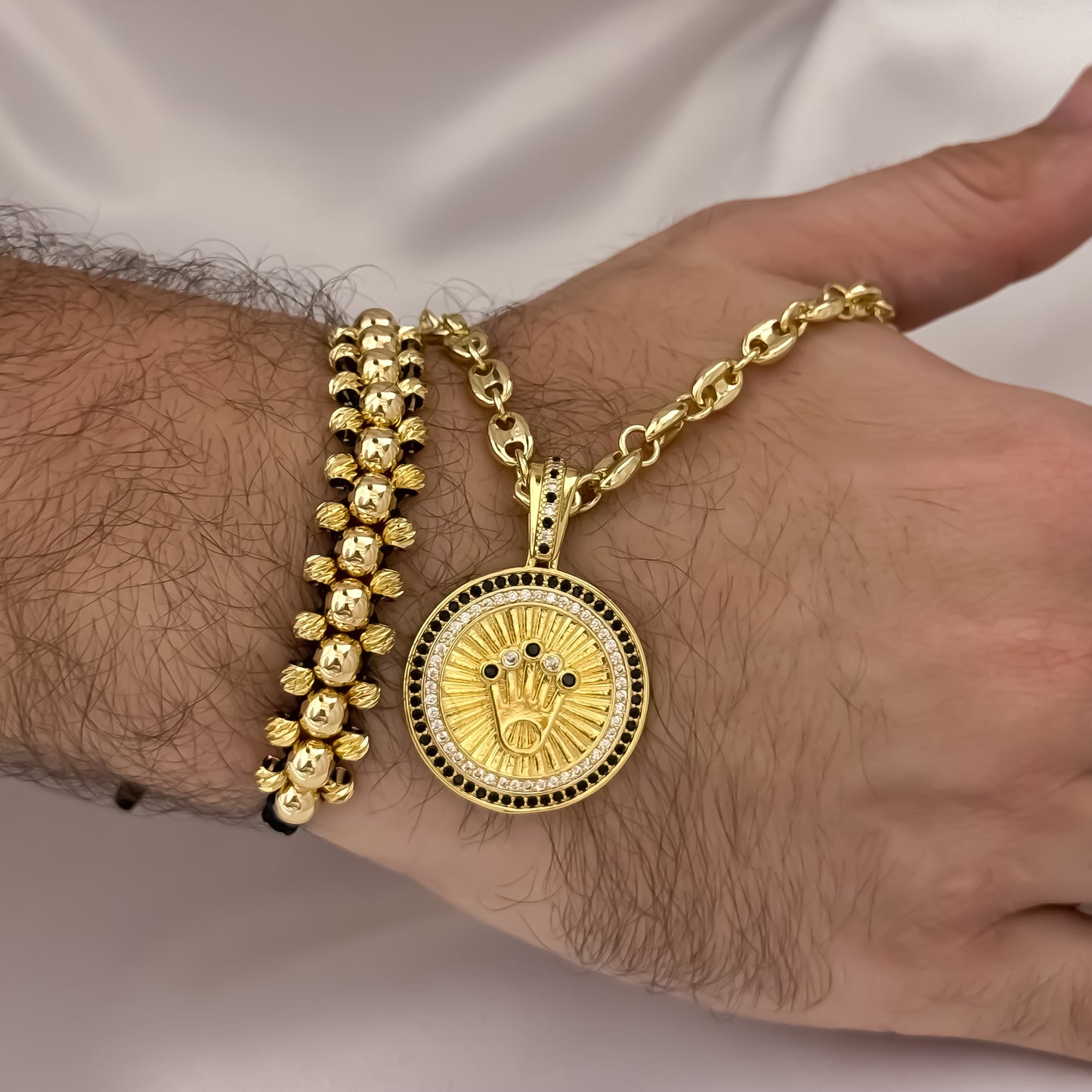 Cadena Tejido Gucci de Hombre de 60cm de 5mm + Corona Rolex con Micro Circones + Pulsera 3 Carriles en Balin Liso & Italiano en Oro Laminado 18k con Garantia de por vida