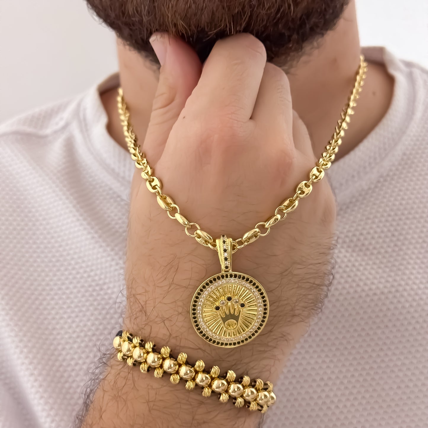 Cadena Tejido Gucci de Hombre de 60cm de 5mm + Corona Rolex con Micro Circones + Pulsera 3 Carriles en Balin Liso & Italiano en Oro Laminado 18k con Garantia de por vida
