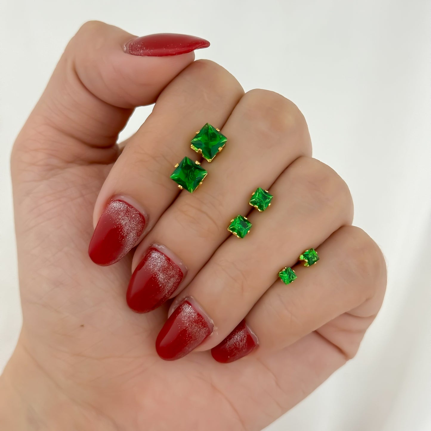 Trio de Topos Cuadrados Verde Esmeralda Grande Mediano Pequeño en Oro Laminado 18k con Garantia de por vida