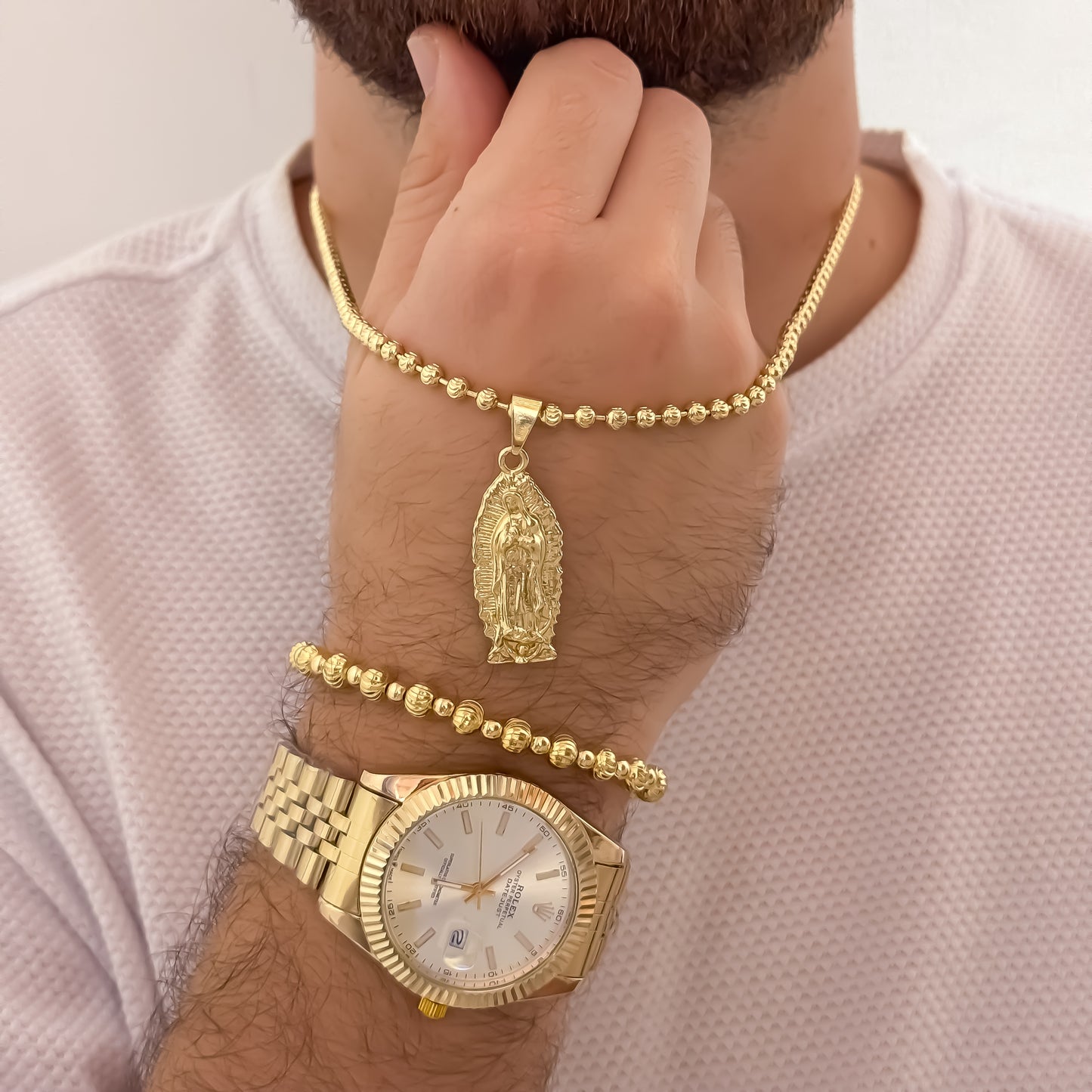 Cadena Tejido Militar Diamantada de 60cm de 4mm + Virgen de Guadalupe tallada + Pulsera Diamantado + Reloj Rolex de Hombre en Oro Laminado 18k con garantia de por vida