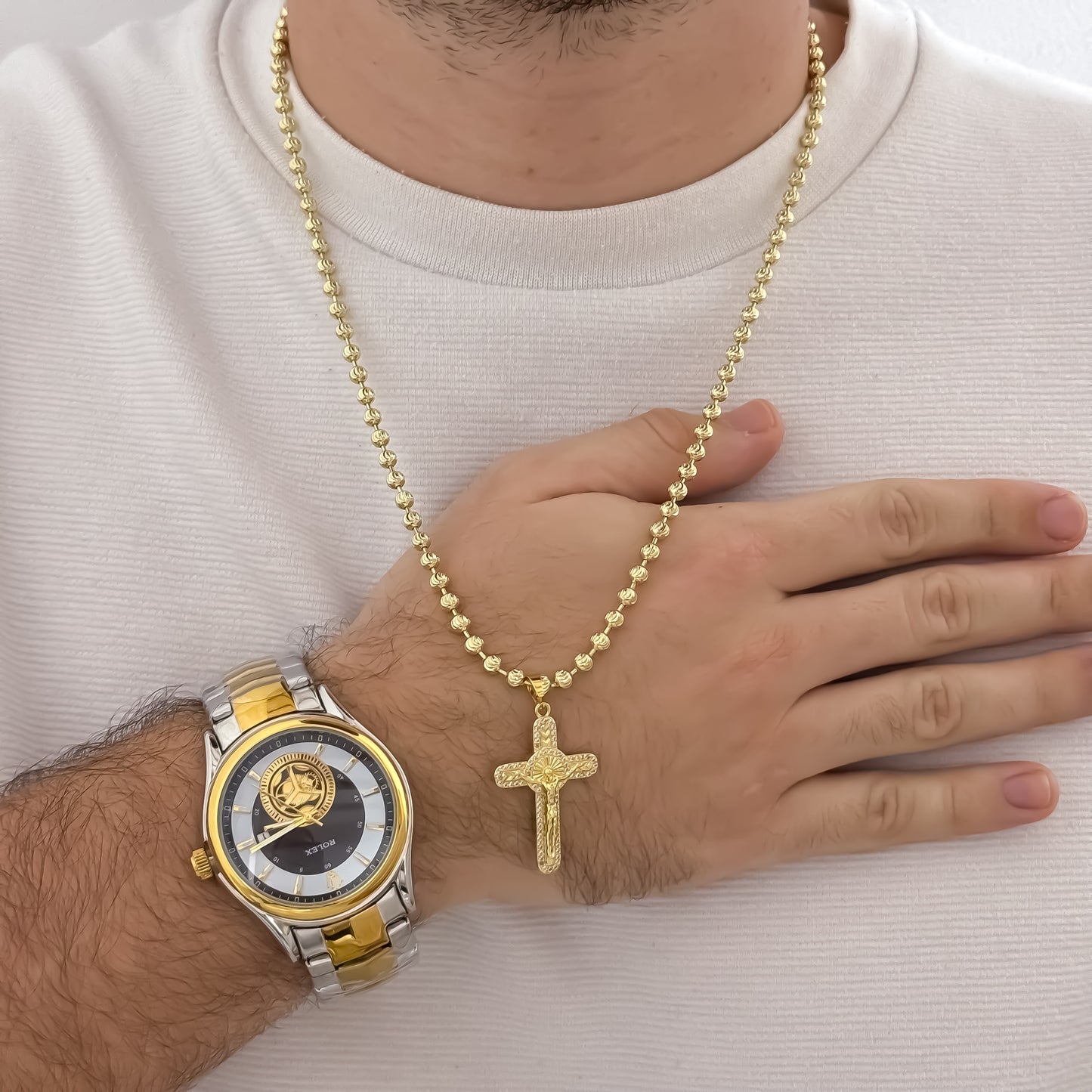 Cadena Tejido Militar Diamantada de 60cm de 4mm de Grosor + Cruz San Benito Protección en Oro Laminado 18k + Reloj Rx Caballero con Garantía