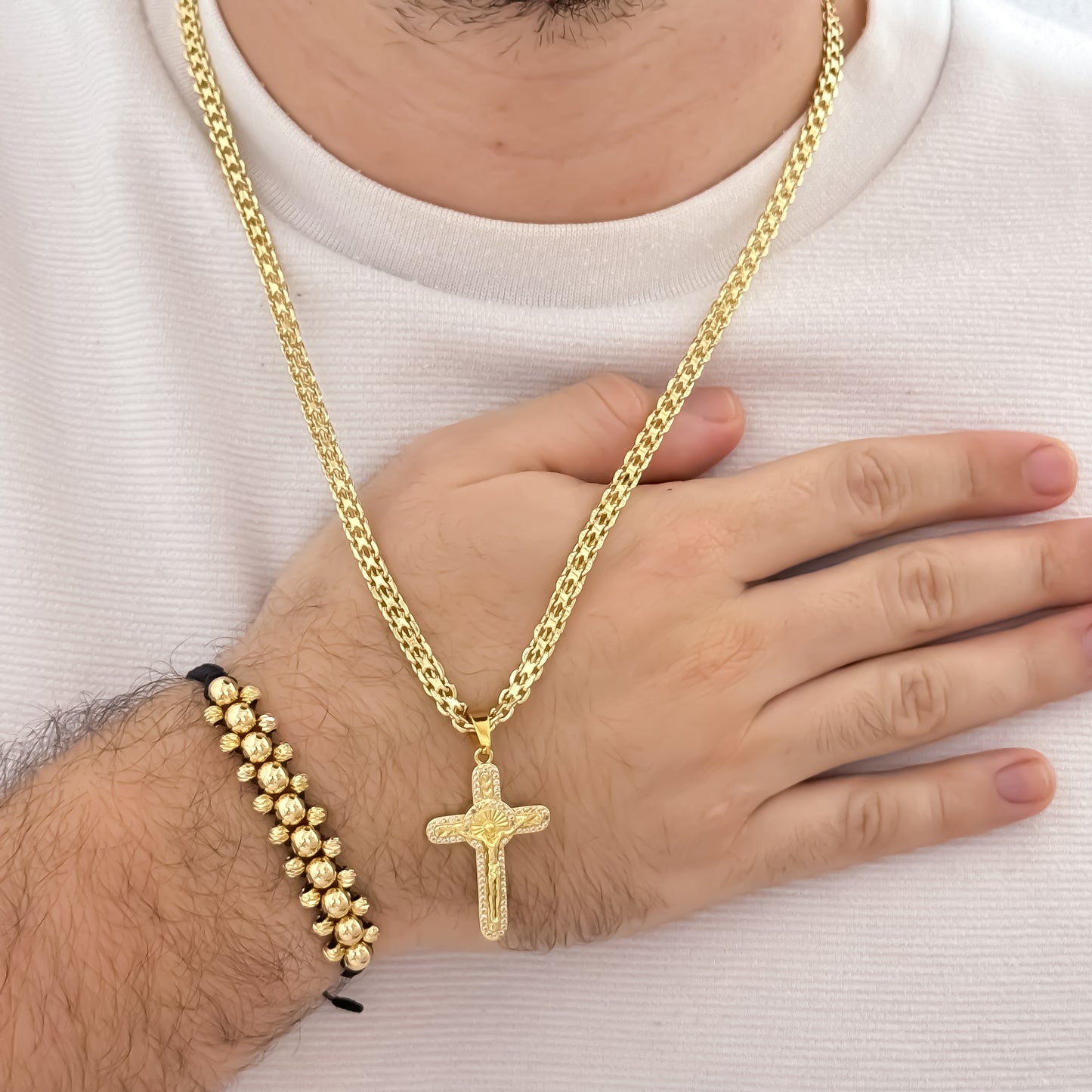 Cadena Tejido Chino Grueso de 60cm de 4mm de Hombre + Cruz de San Benito Protección + Pulseras 3 Carriles de Balin Liso y Italiano de 4mm en oro laminado 18k con Garantia de por vida