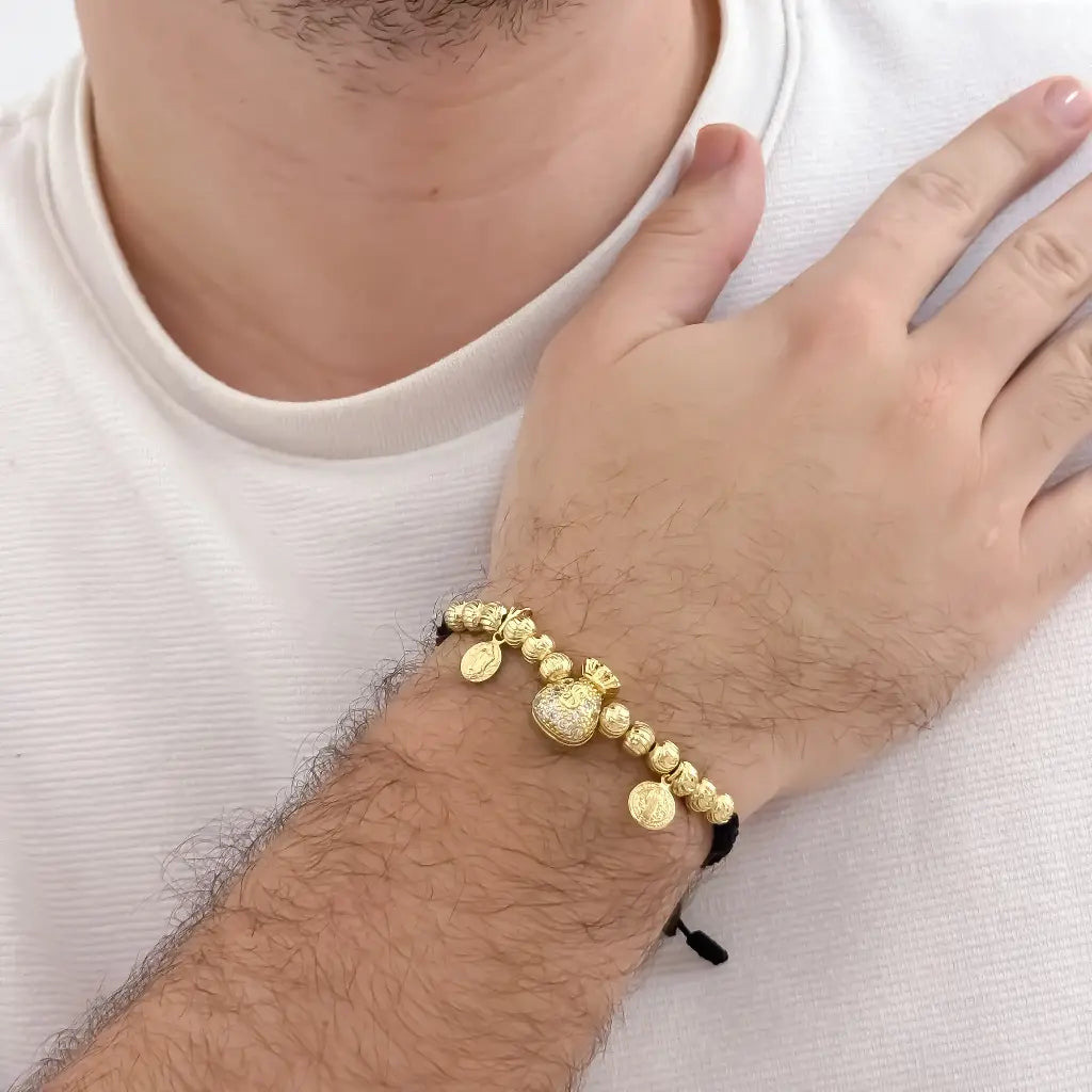 Pulsera Abundancia y Devoción Virgen Guadalupe + Bolsa de Dinero +San Benito Proteccion con Balin Italiano Nuevo Labrado en 6mmm en oro laminado 18k con Garantia de por vida