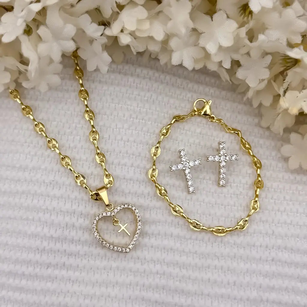 Juego de Cadena Tejido Gucci de Dama de 45cm de 3mm de Grosor + Pulsera Tejido Gucci de 18cm + Cruz Corazon + Topo Cruz en Oro Laminado 18k con Garantia de por vida