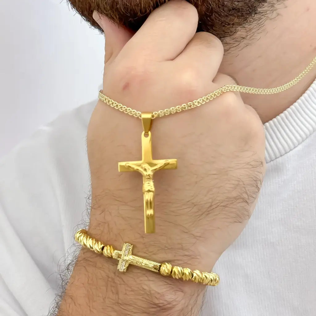 Cadena Tejido Chino de Hombre de 60cm de 3mm de Grosor + Dije de cruz cristo madero Proteccion + Pulsera cruz Madero en balin Diamanatado en Oro laminado 18k con Garanti de por vida