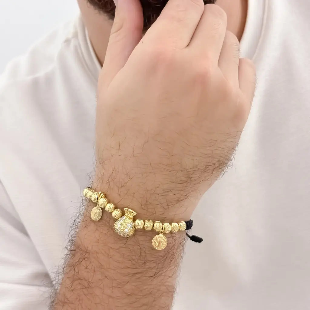 Pulsera Abundancia y Devoción Virgen Guadalupe + Bolsa de Dinero +San Benito Proteccion con Balin Italiano Nuevo Labrado en 6mmm en oro laminado 18k con Garantia de por vida